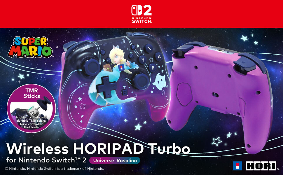 Controller Nintendo Switch a tema Super Mario e Rosalina su sfondo spaziale.