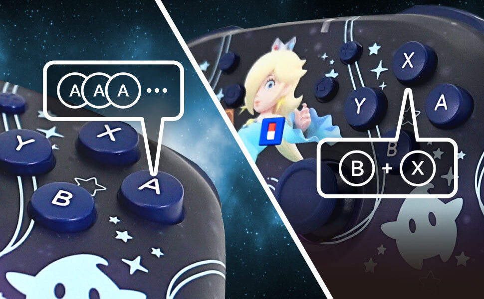 Controller Nintendo Switch con design Rosalina e combinazioni di tasti.