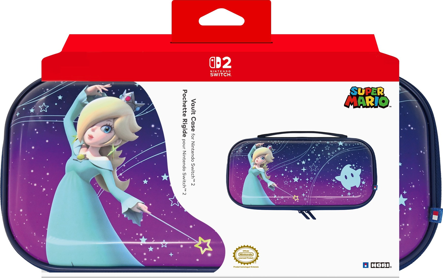 Étui Nintendo Switch avec Rosalina et étoiles sur boîte en carton rouge.