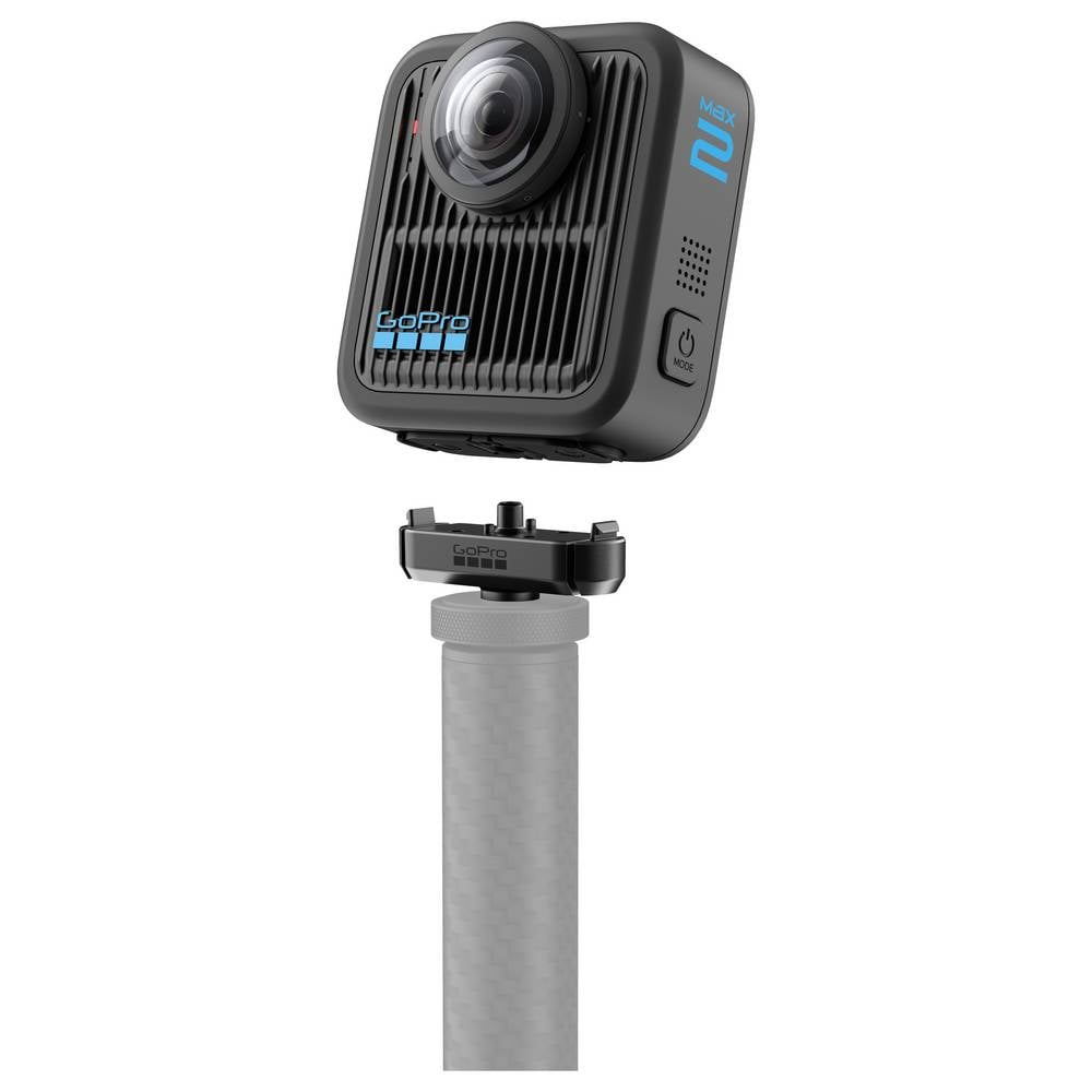 Czarna kamera GoPro MAX 2 z obiektywem na górze, przymocowana do uchwytu.