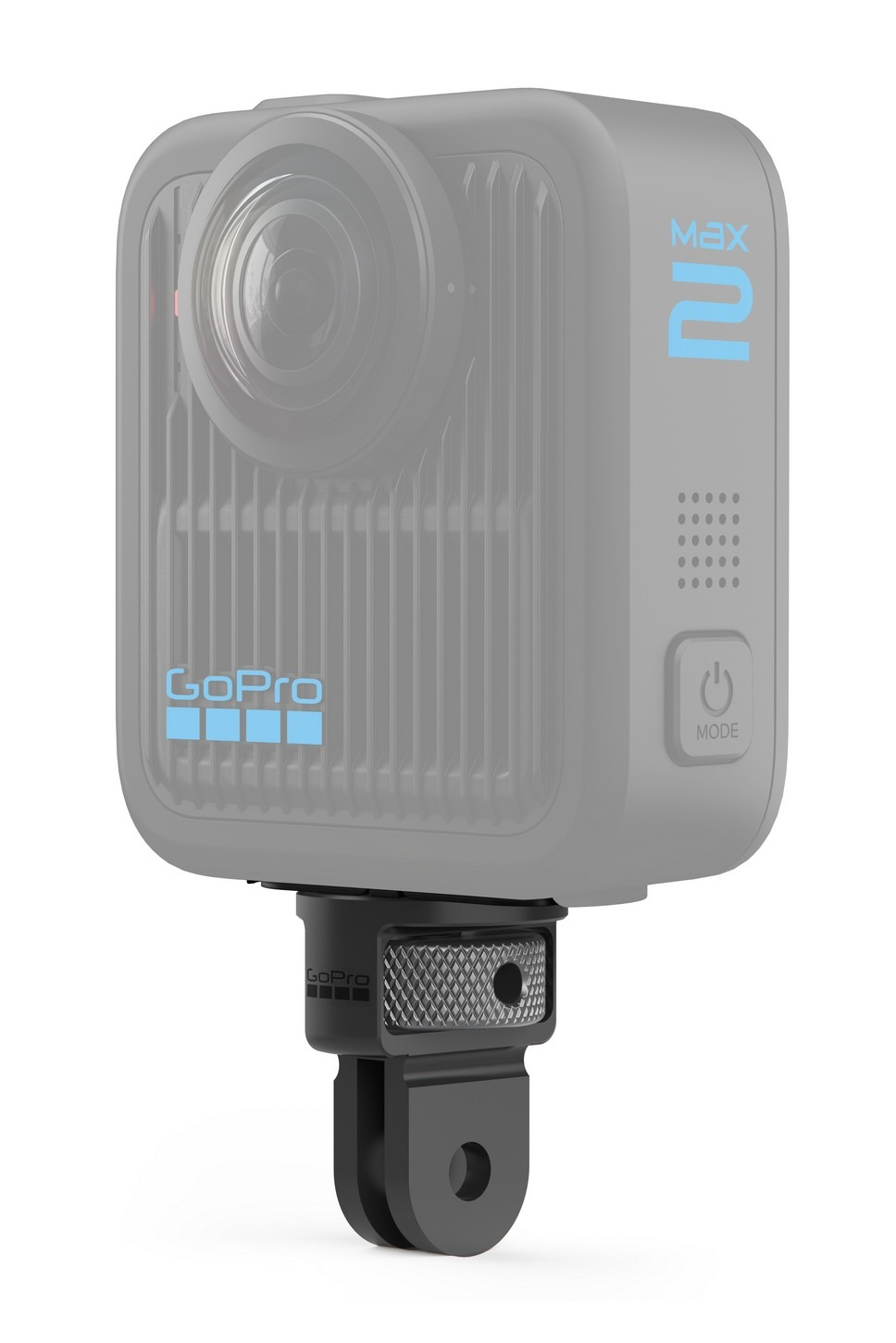 Szara kamera GoPro Max 2 360 z czarnym adapterem montażowym.