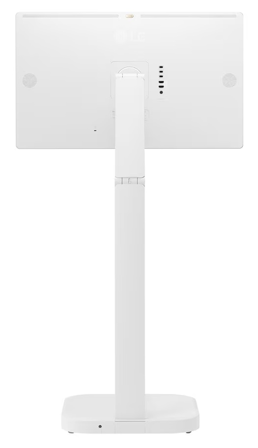 Tył białego monitora LG z regulowanym stojakiem.