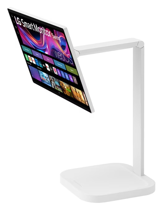Biały monitor LG Smart z kolorowym ekranem na nowoczesnym stojaku.