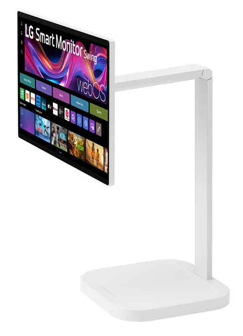 Biały monitor LG smart na białej podstawie z kolorowym interfejsem aplikacji.