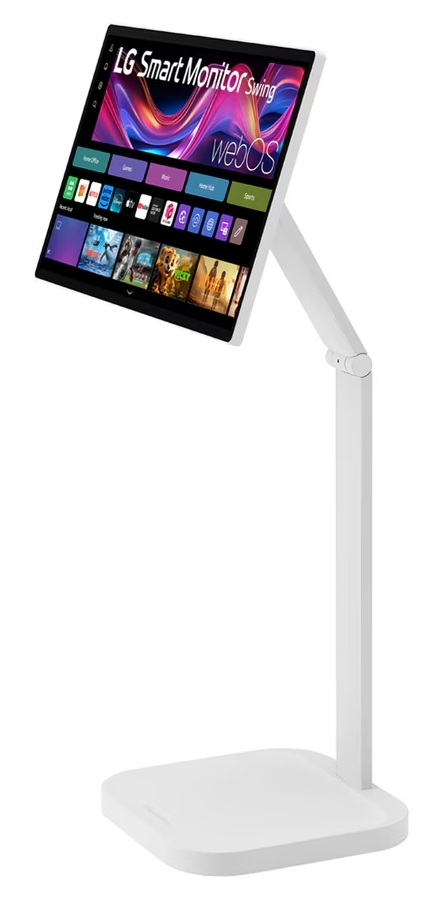 Biały monitor LG Smart Monitor Swing na stojaku z interfejsem aplikacji.