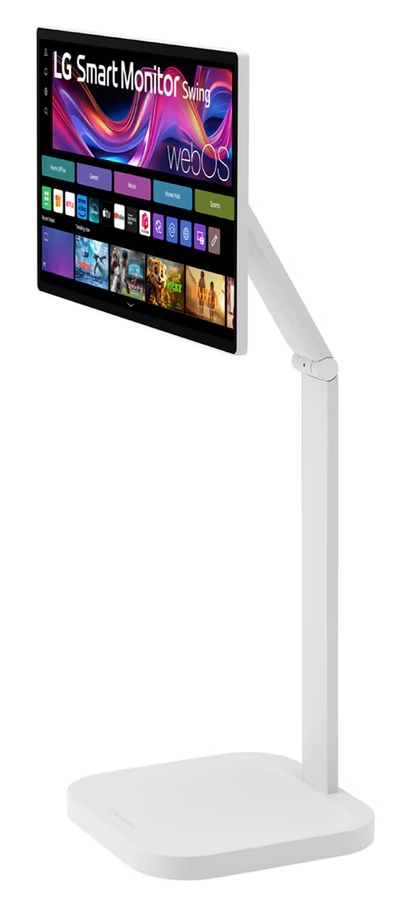 Biały monitor LG Smart Monitor Swing z interfejsem webOS na stojaku.