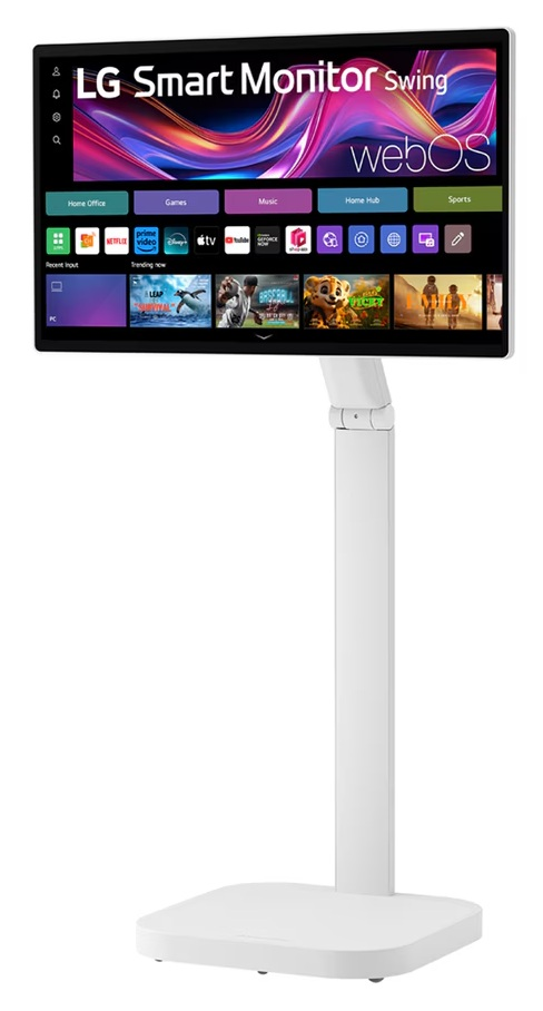 Biały monitor LG Smart na stojaku, wyświetlający interfejs webOS.