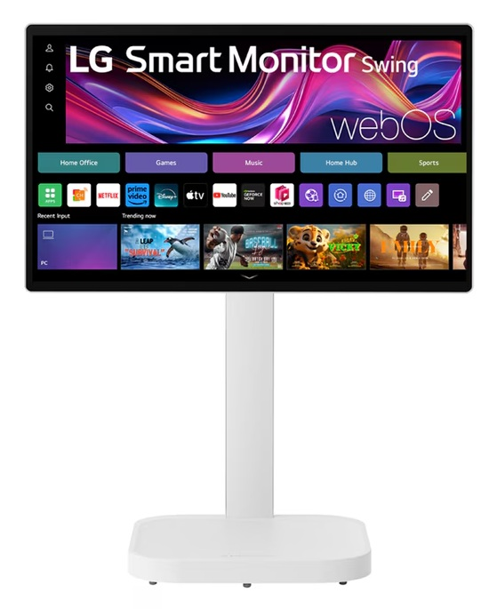 Monitor LG Smart Monitor Swing na białej podstawie, wyświetlający WebOS i wybór aplikacji.