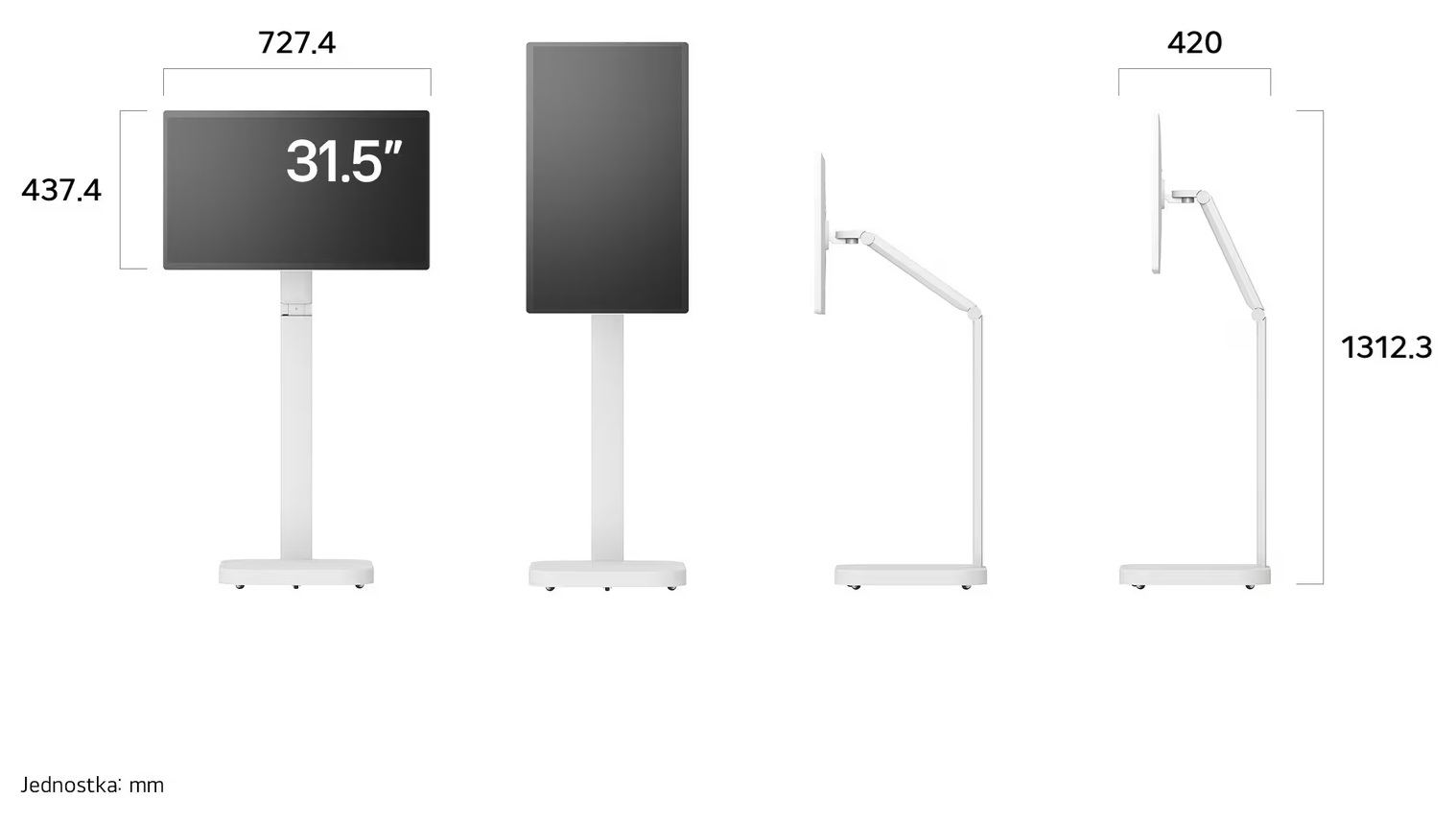 Rysunek trzech widoków białej podstawy z ekranem 31,5 cala i wymiarami.