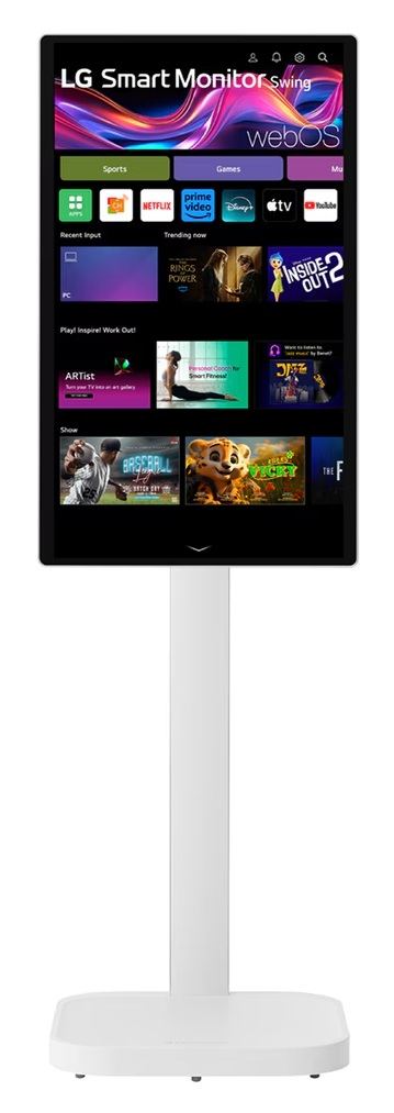 LG Smart Monitor Swing z WebOS pokazujący aplikacje jak Netflix, Prime Video, Disney+. Biały stojak.