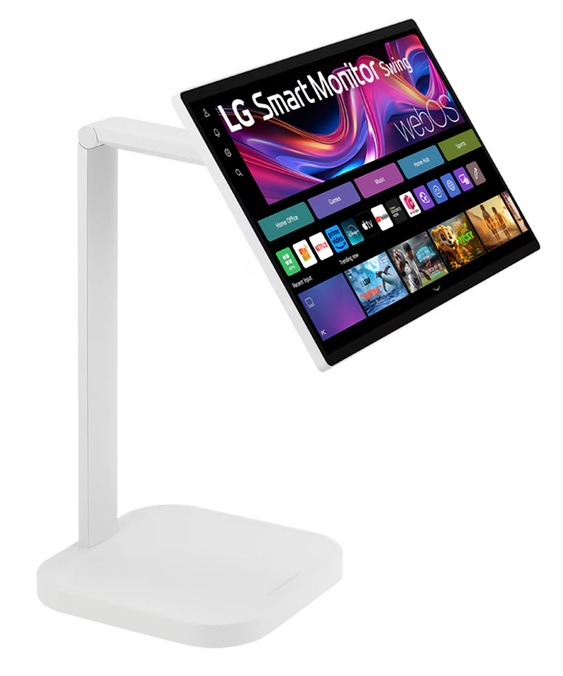 Biały monitor LG Smart na ramieniu obrotowym i podstawie.
