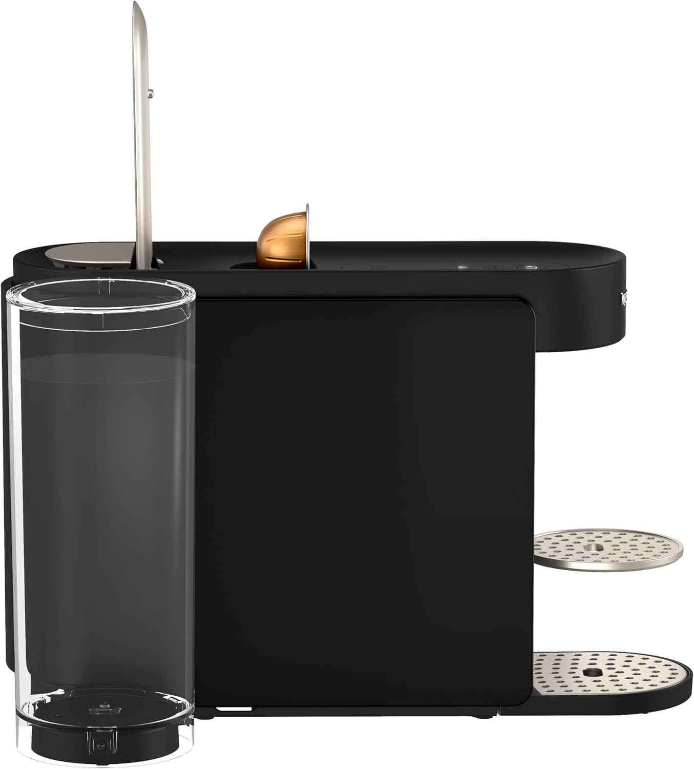 Czarna ekspres do kawy ze zbiornikiem na wodę i kapsułką.