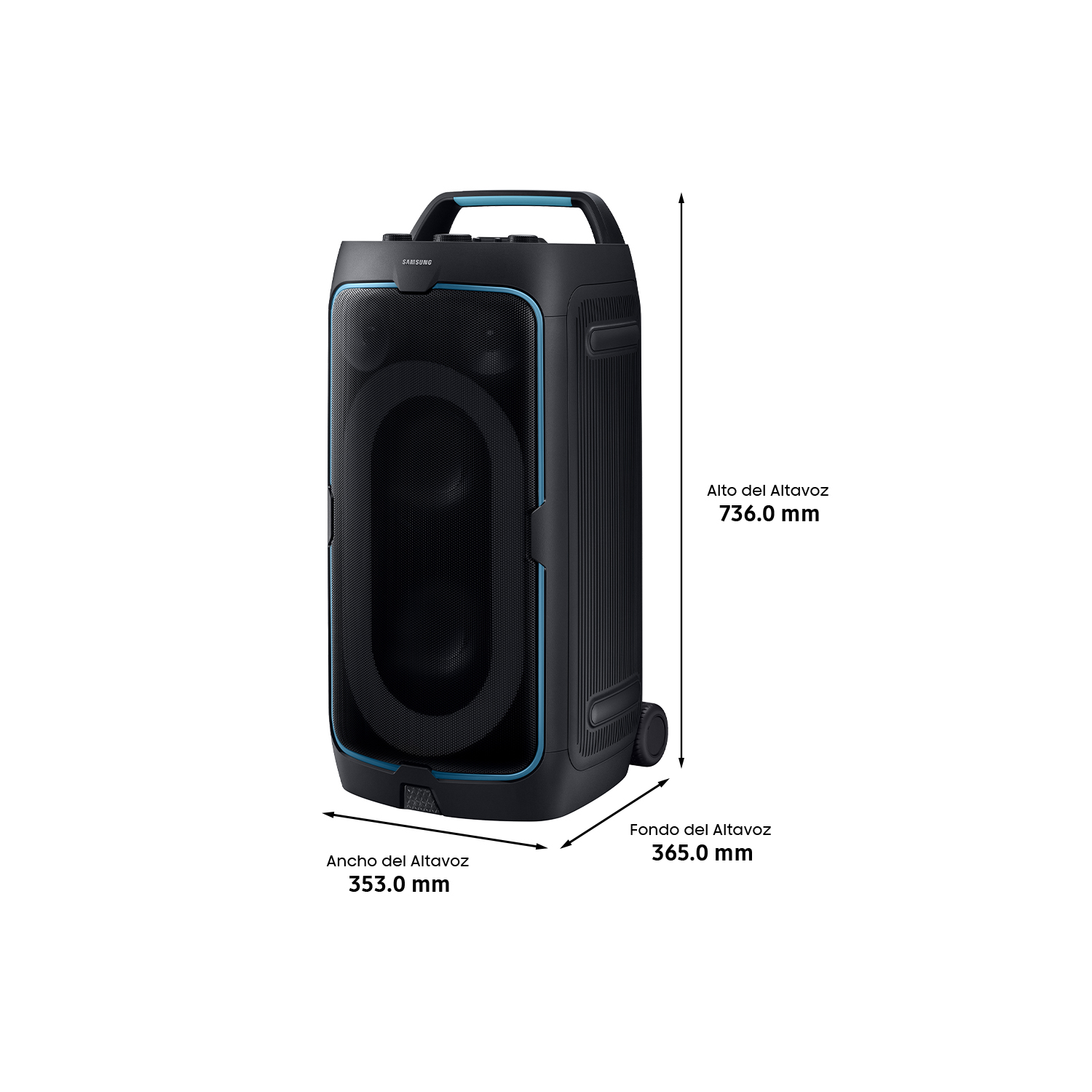 Altavoz Samsung negro con detalles azules y etiquetas de dimensiones.