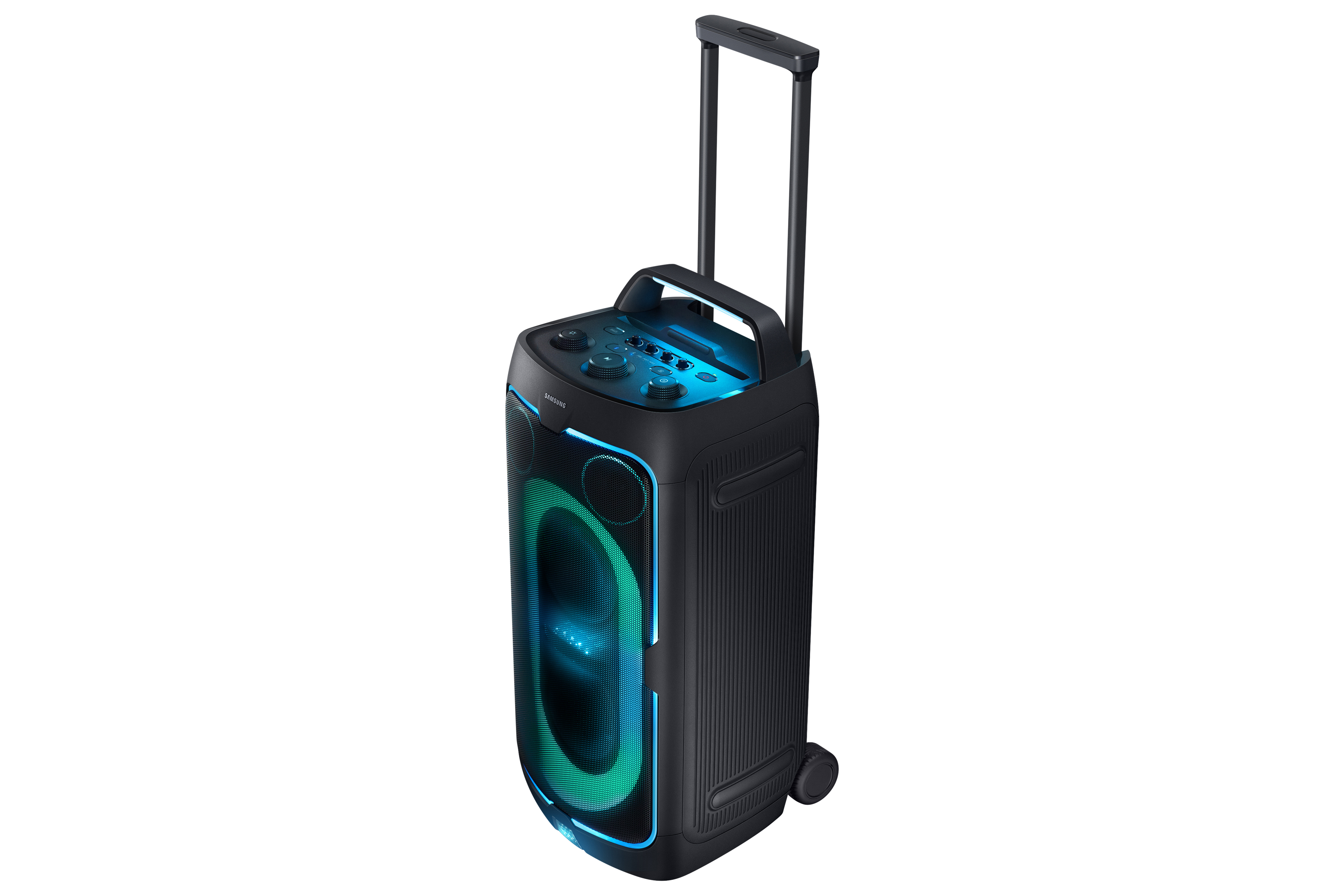 Altavoz negro portátil con ruedas, asa y luces azules.