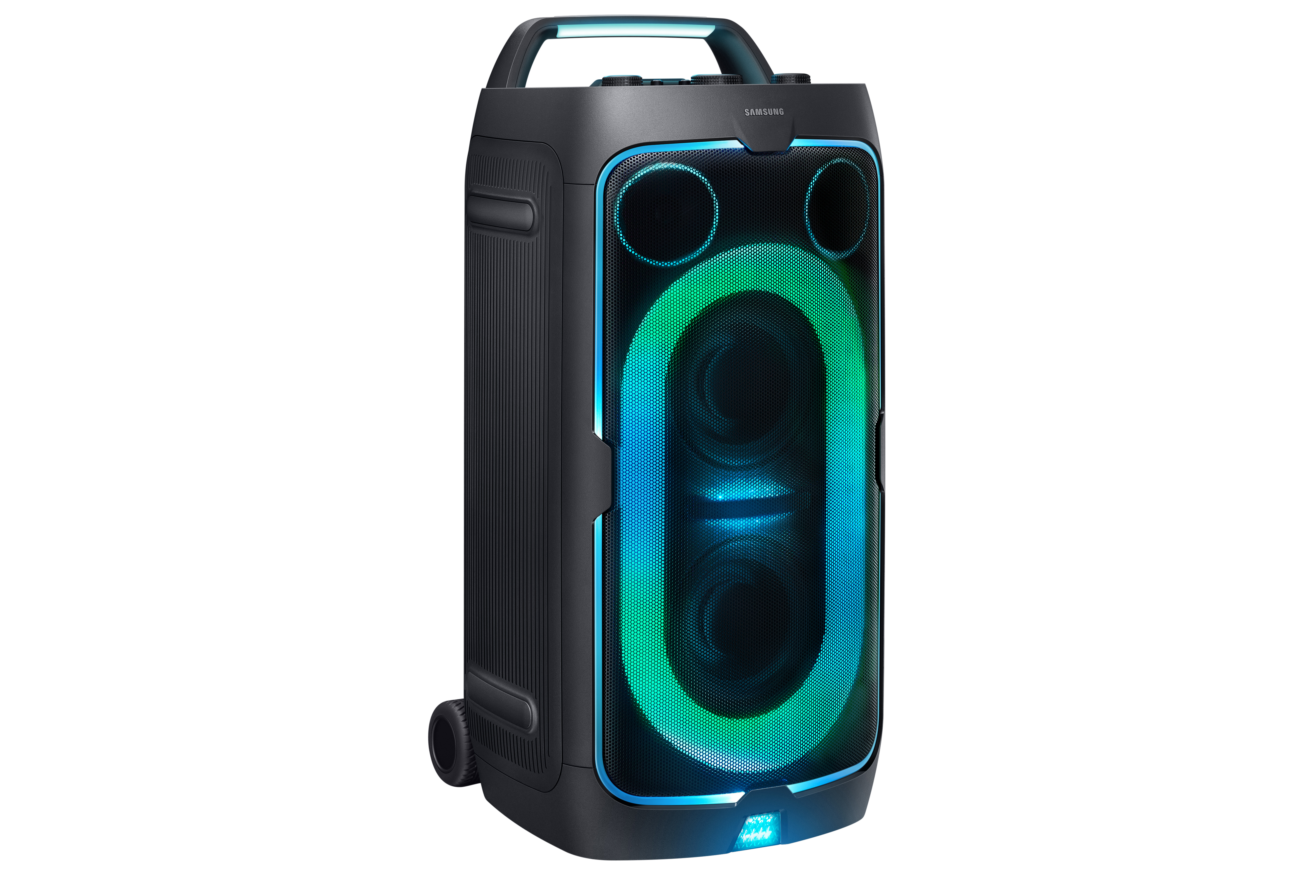 Altavoz Samsung negro con luces LED azul verdoso y asa.