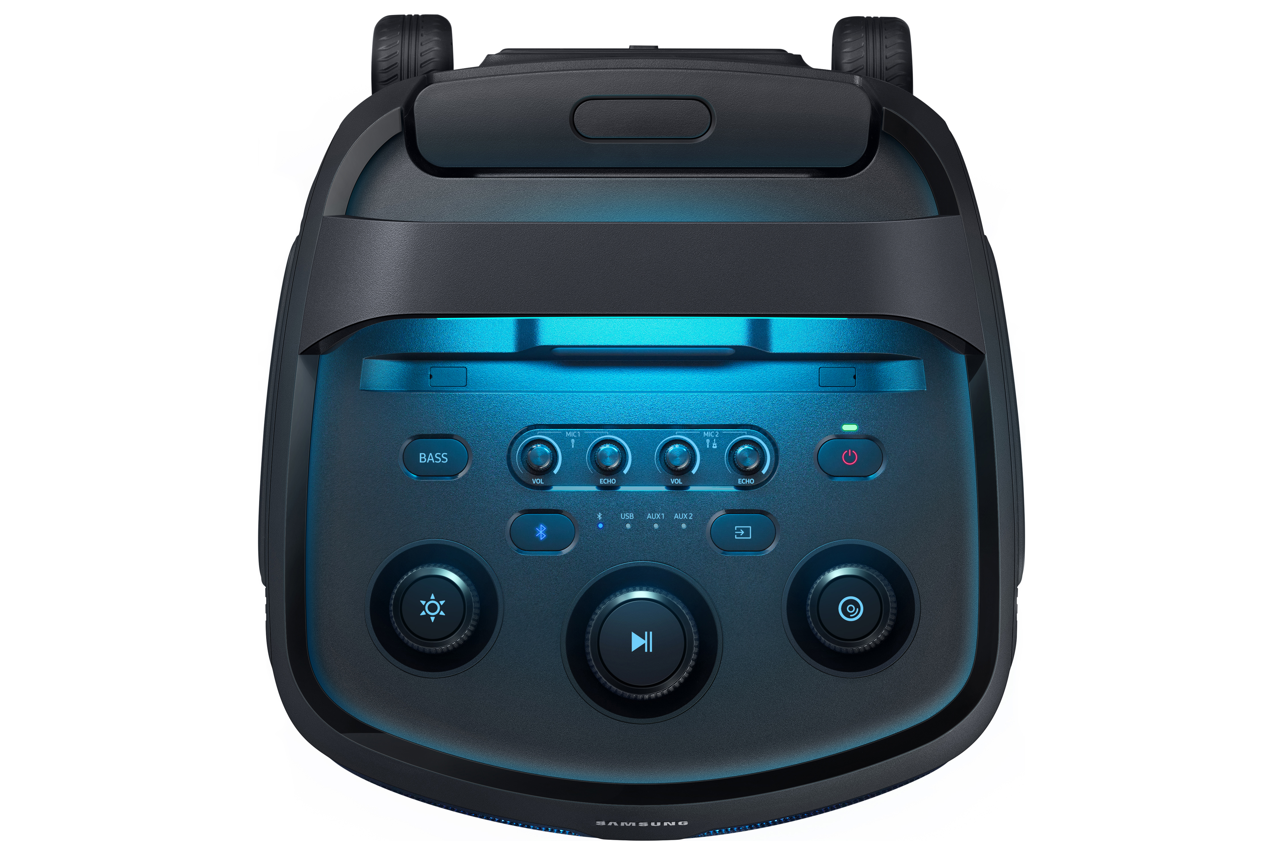 Un altavoz de fiesta Samsung negro con iluminación azul y botones de control.