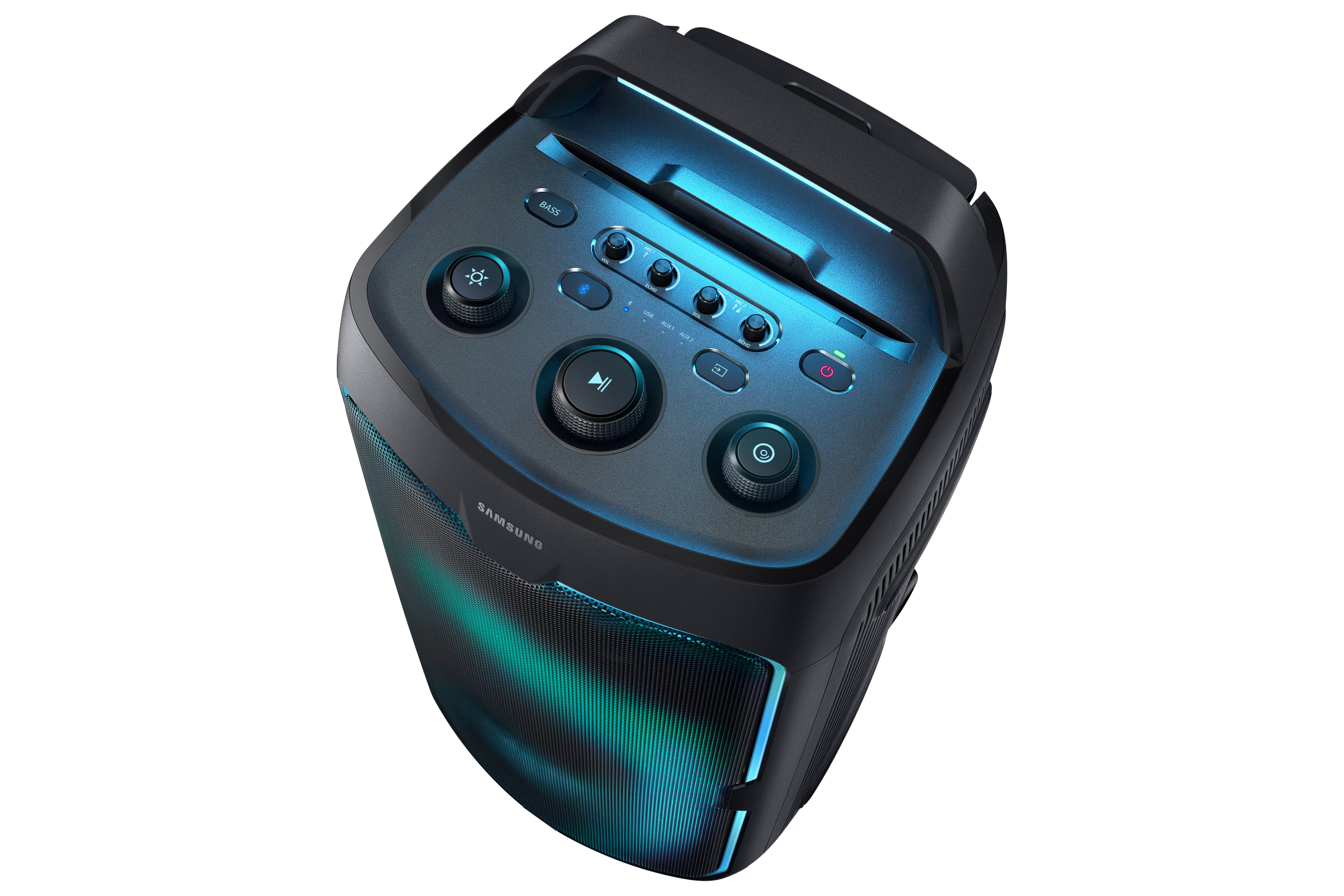 Altavoz Samsung negro con luces azules y botones de control.