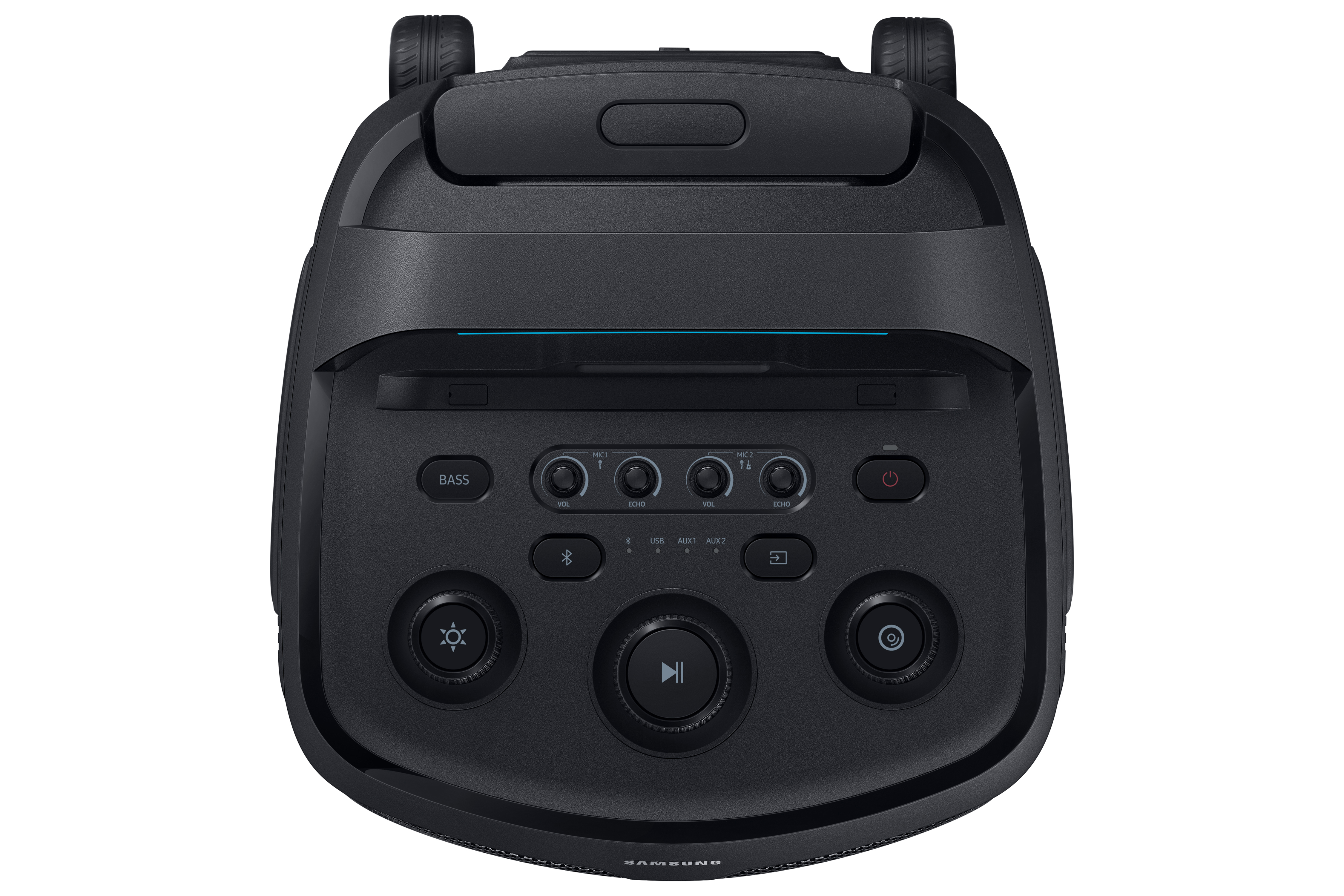Altavoz de fiesta negro con controles: Bass, Echo, Volumen, Reproducir/Pausar y Encendido.