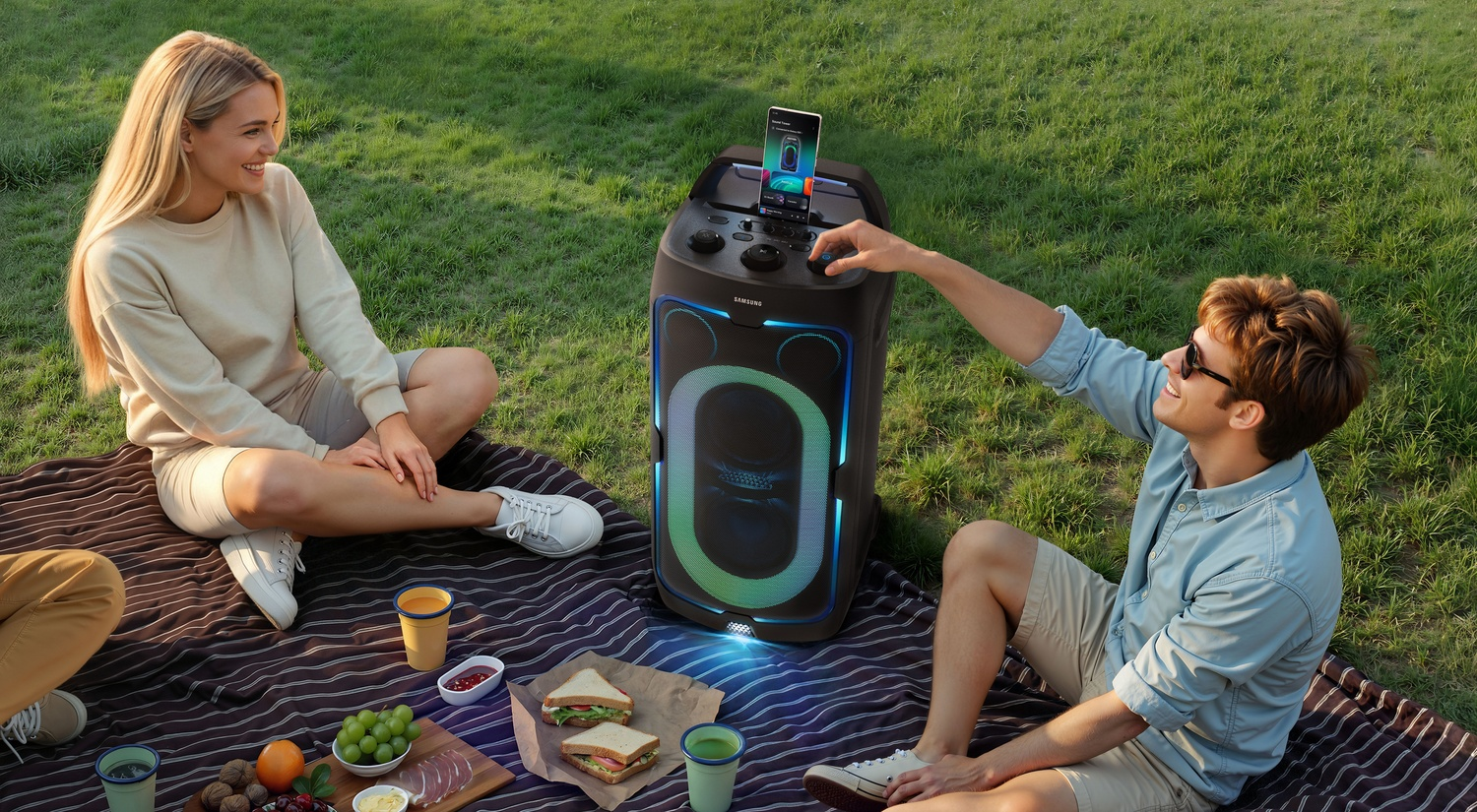 Una pareja disfruta de un picnic en el césped con un altavoz Samsung.