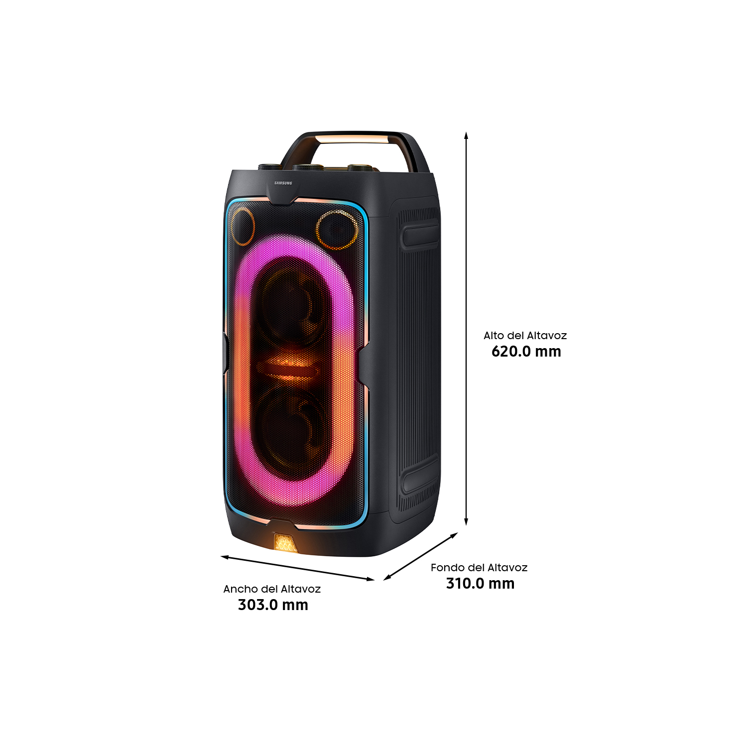 Altavoz Samsung negro con luces de colores y dimensiones.