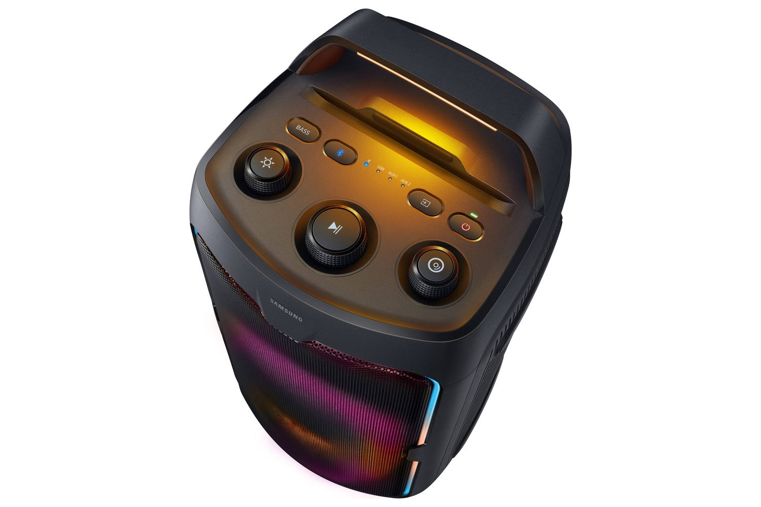 Altavoz negro Samsung para fiestas con luces de colores y botones de control.