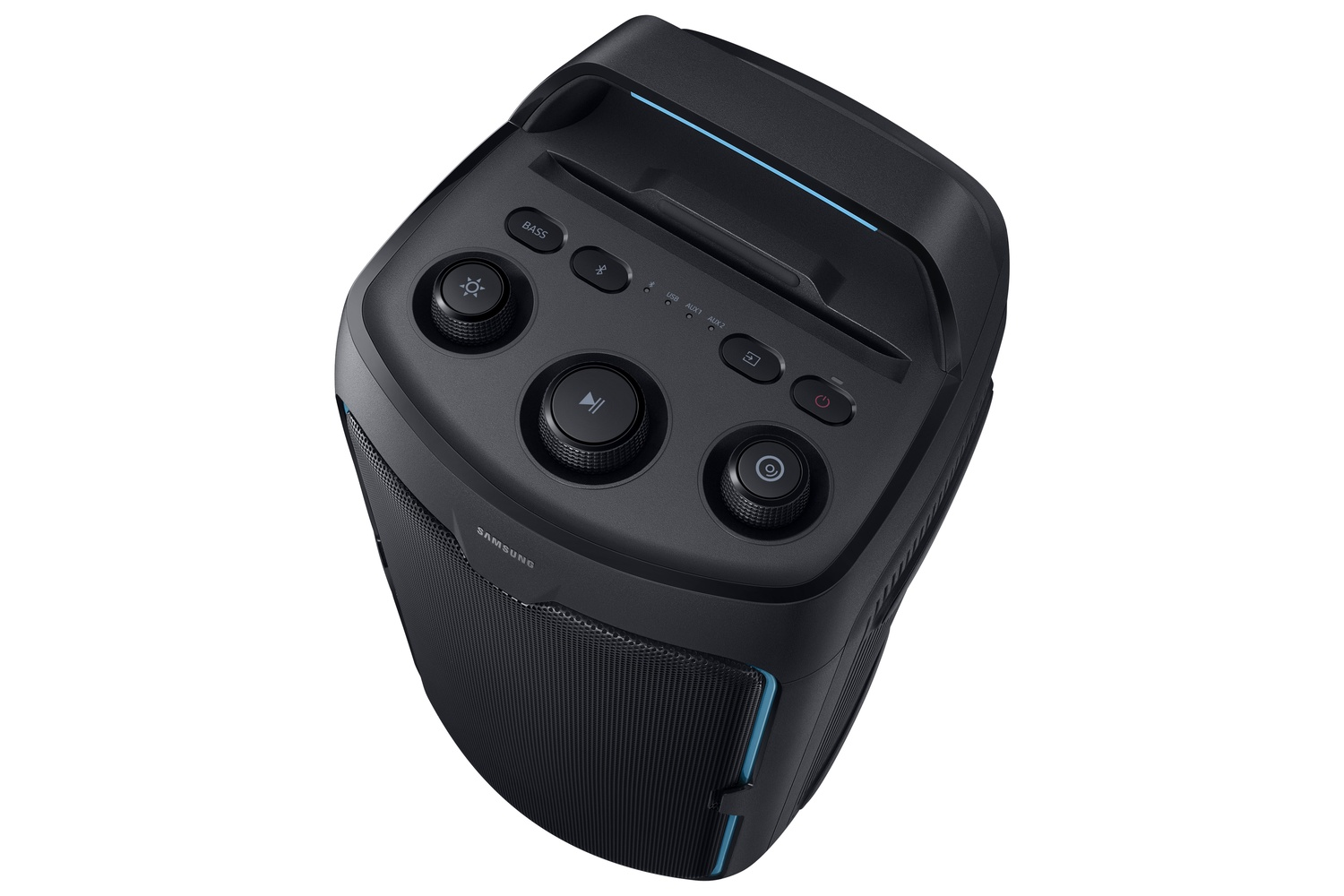 Altavoz portátil negro con botones de control y tira de luz azul.