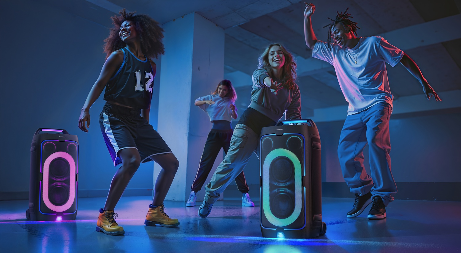 Cuatro personas bailan en una sala con luces de colores y altavoces.