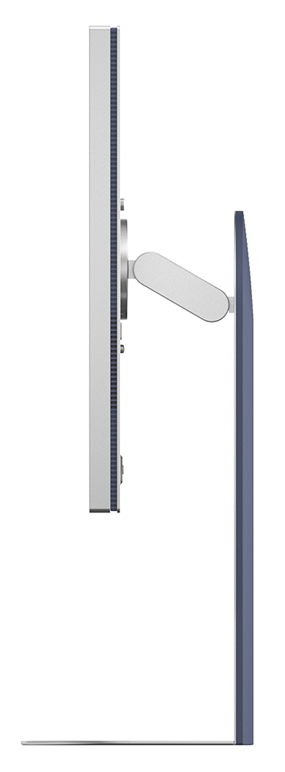 Widok z boku smukłego, srebrnego monitora z niebieską podstawą.