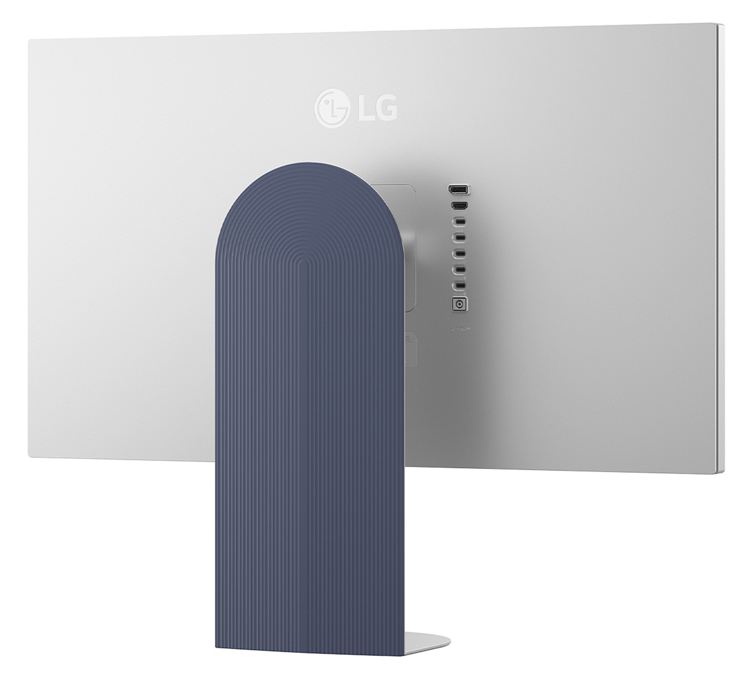 Tył monitora LG z niebieską podstawą i portami.