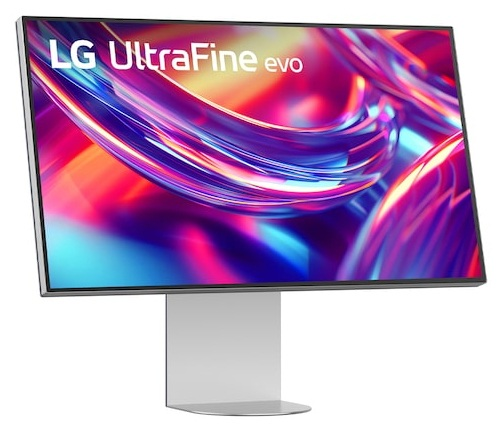 Monitor LG UltraFine evo z kolorowym, abstrakcyjnym tłem.