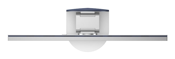 Biała podstawa w kształcie półkola wspiera srebrny stojak z szarym blatem.