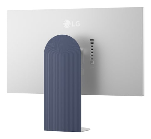 Tył białego monitora z niebieską podstawą i logo LG.