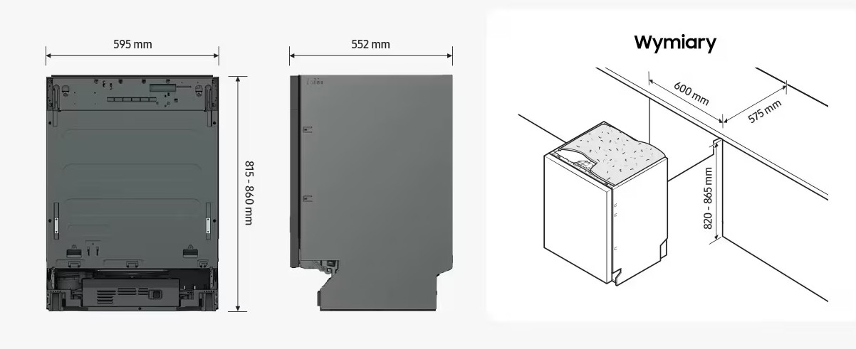 Rysunek techniczny urządzenia z wymiarami: szerokość 595 mm, głębokość 552 mm, wysokość 815-860 mm.