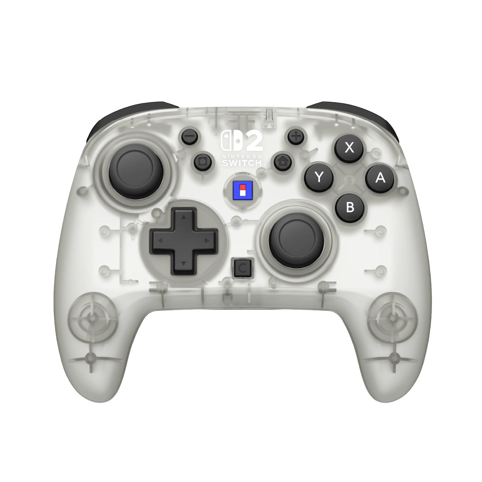 Şeffaf Nintendo Switch kontrolcüsü, gri joystickler ve düğmeler.
