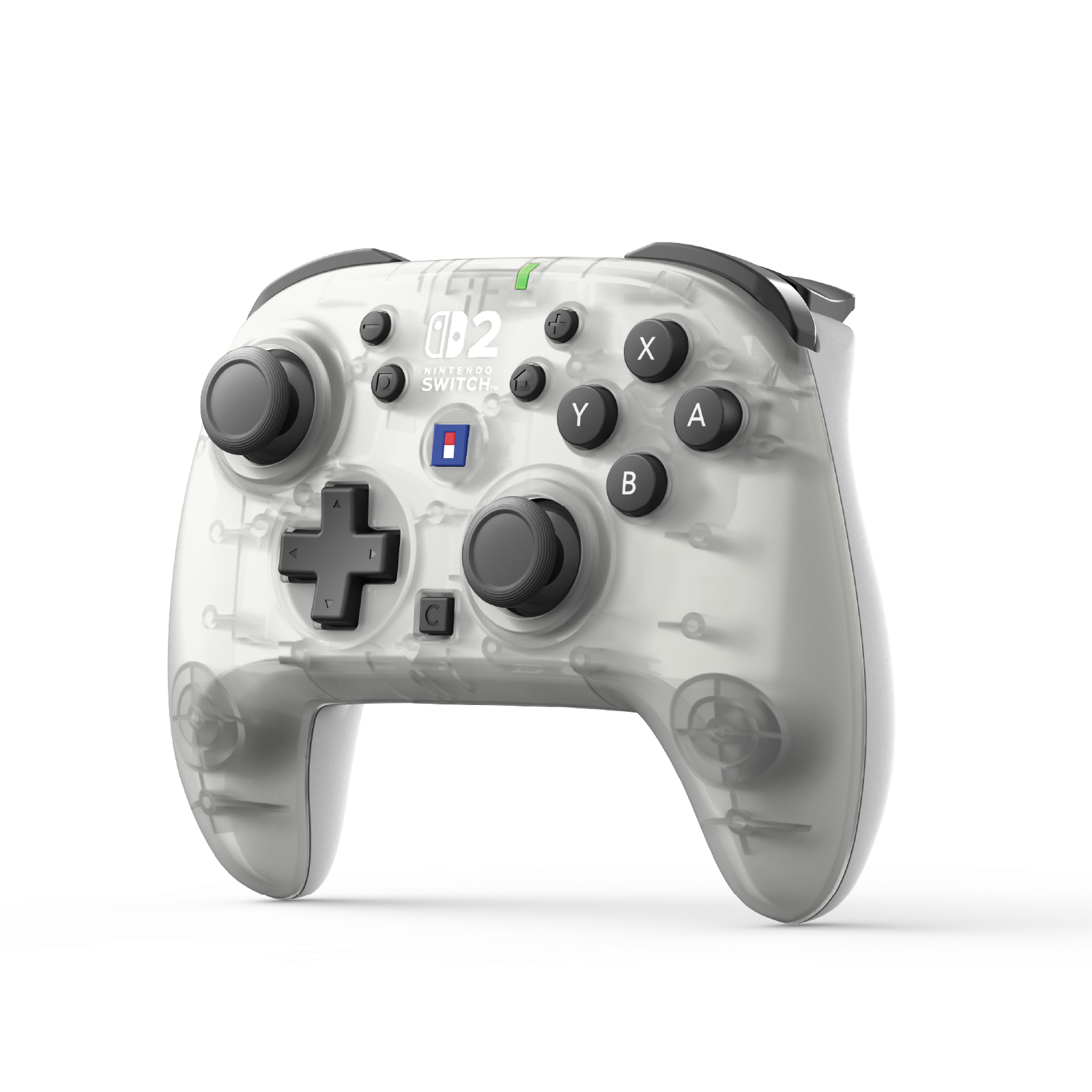 Siyah düğmeli ve joystickli şeffaf beyaz Nintendo Switch kontrol cihazı.