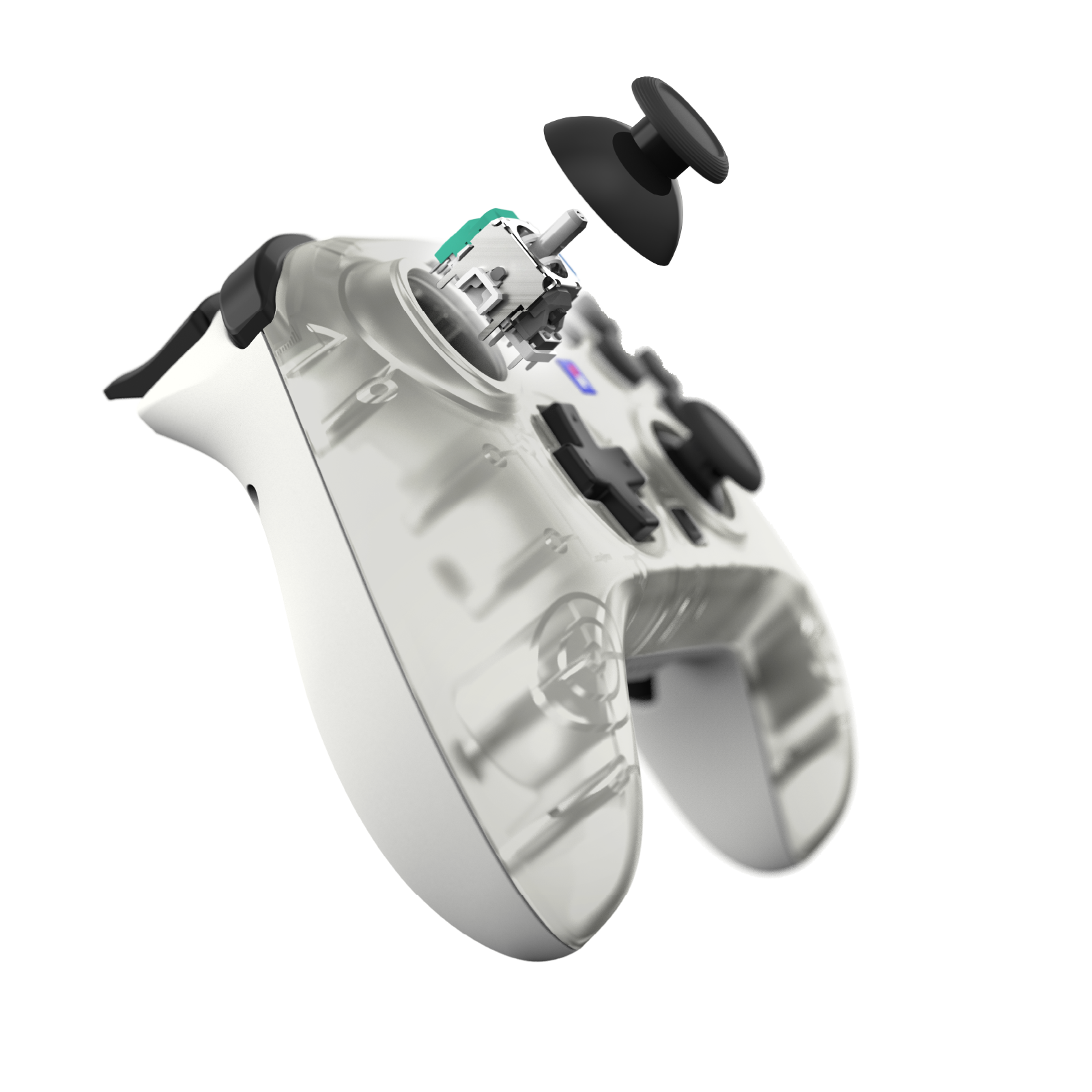 Açık iç bileşenlere ve çıkarılmış joystick'e sahip şeffaf oyun kumandası.