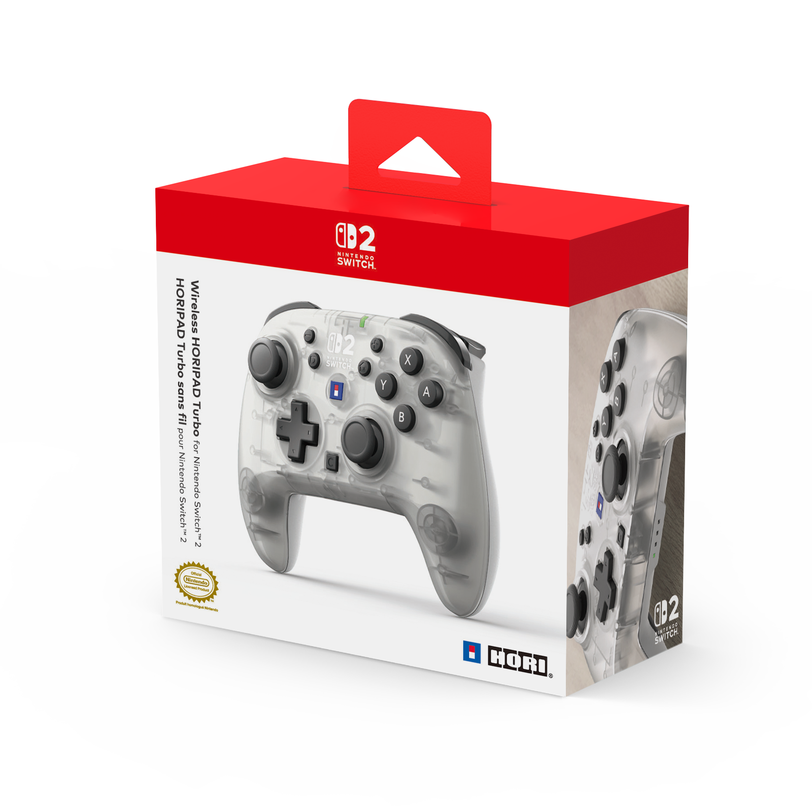 Kırmızı vurgulu şeffaf bir Nintendo Switch kontrol cihazı kutusu.