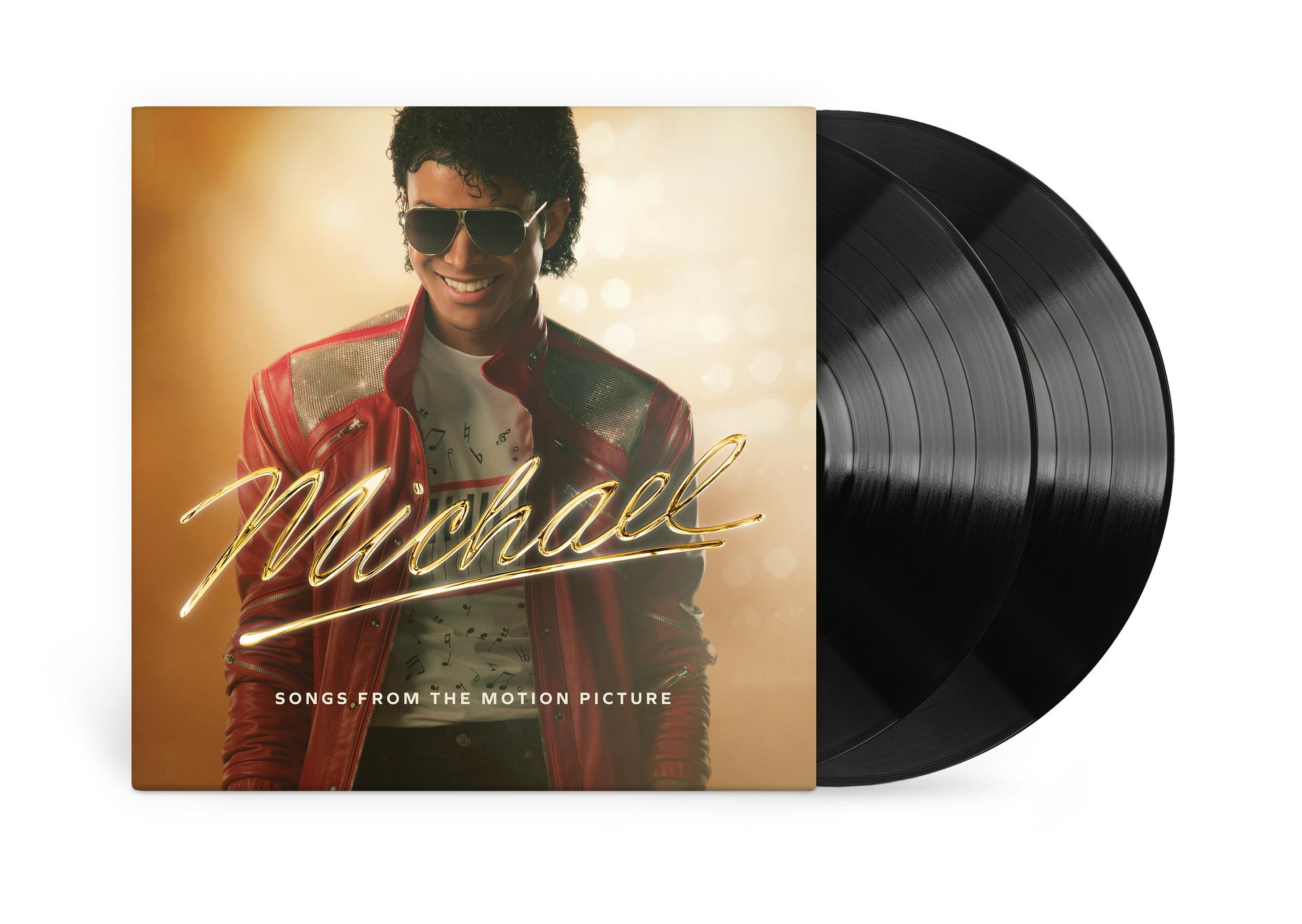 Michael Jackson Albumcover mit zwei schwarzen Schallplatten.