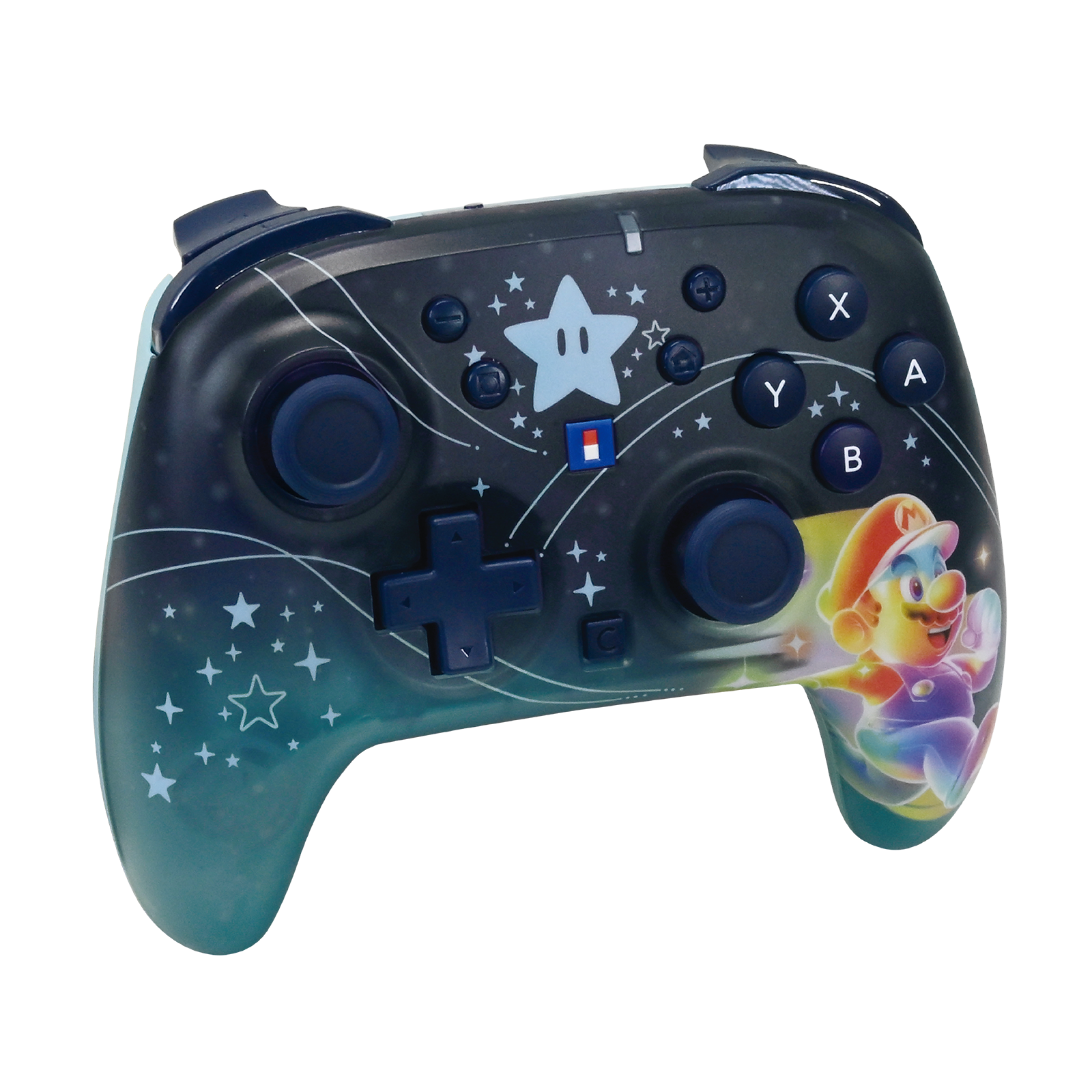 Yıldızlar ve Mario tasarımına sahip siyah bir Nintendo kontrol.