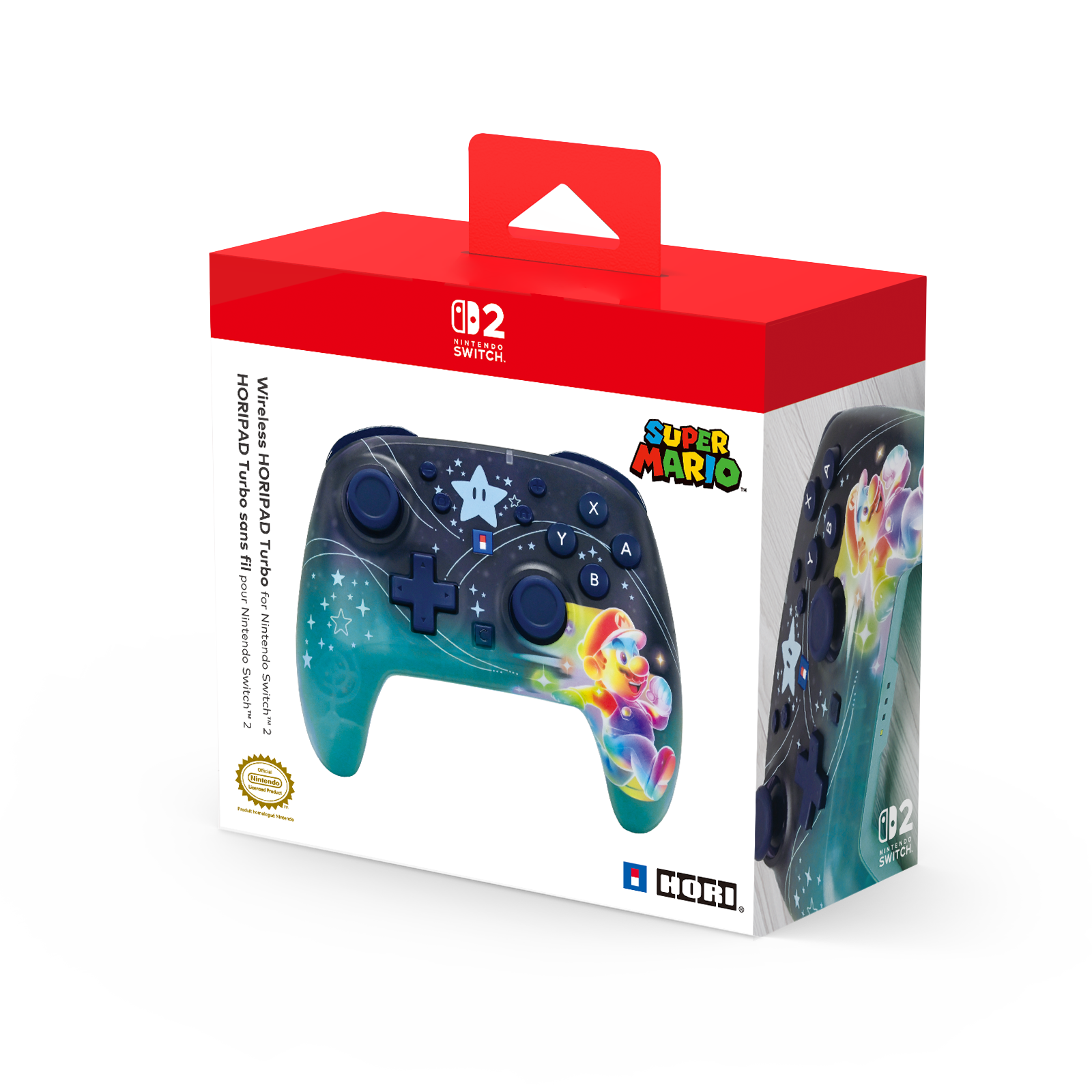 Yıldızlar ve Mario figürlü Super Mario Nintendo Switch kumandası kutuda.