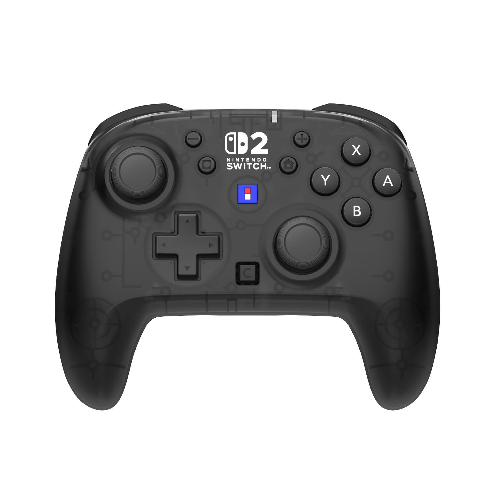 Beyaz düğmeli şeffaf siyah Nintendo Switch Pro kontrol cihazı.