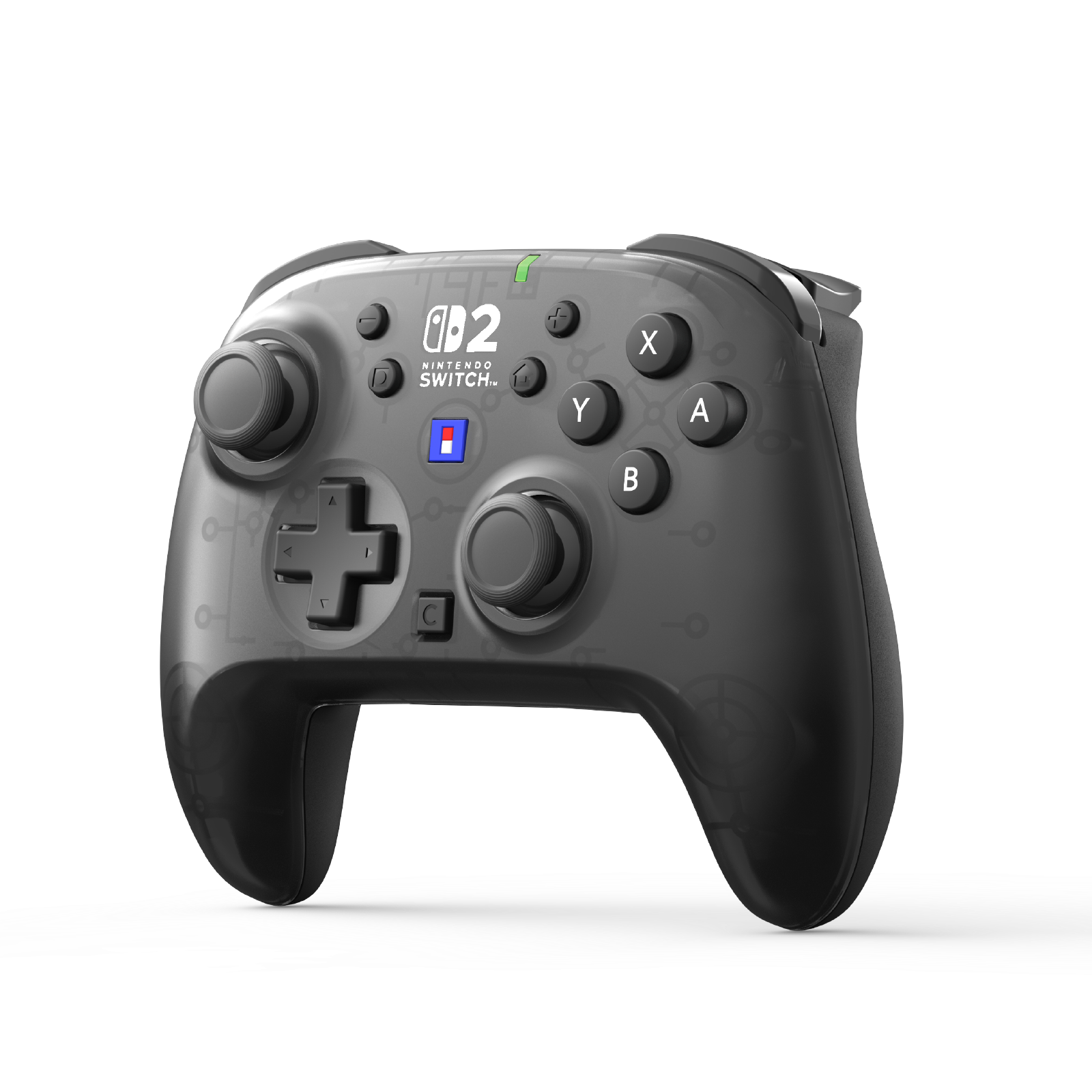 Stilize edilmiş devre desenlerine sahip gri bir Nintendo Switch Pro kontrolcü.