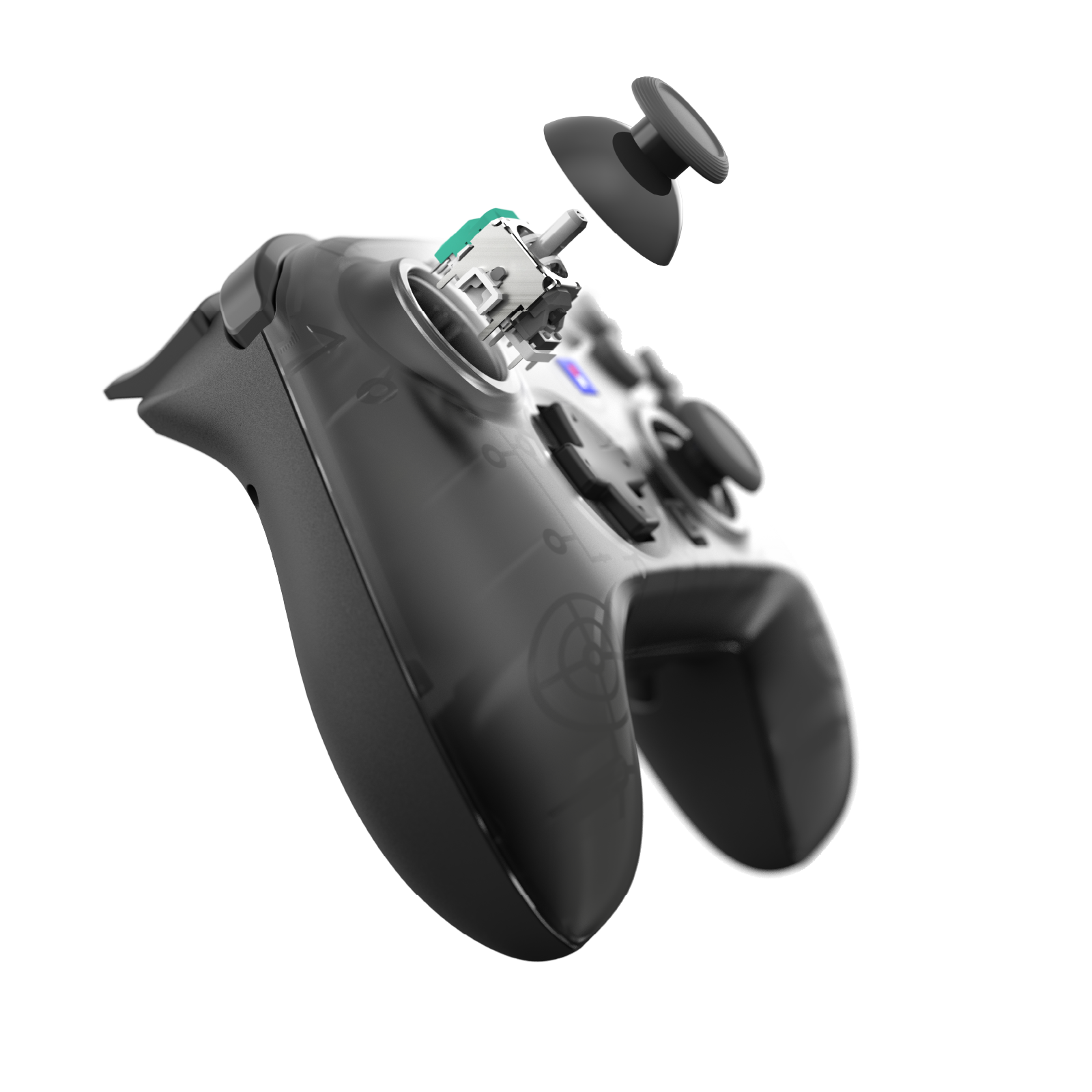 Çıkarılmış bir joystick ve görünür iç bileşenlere sahip, demonte edilmiş siyah bir kontrolcü.
