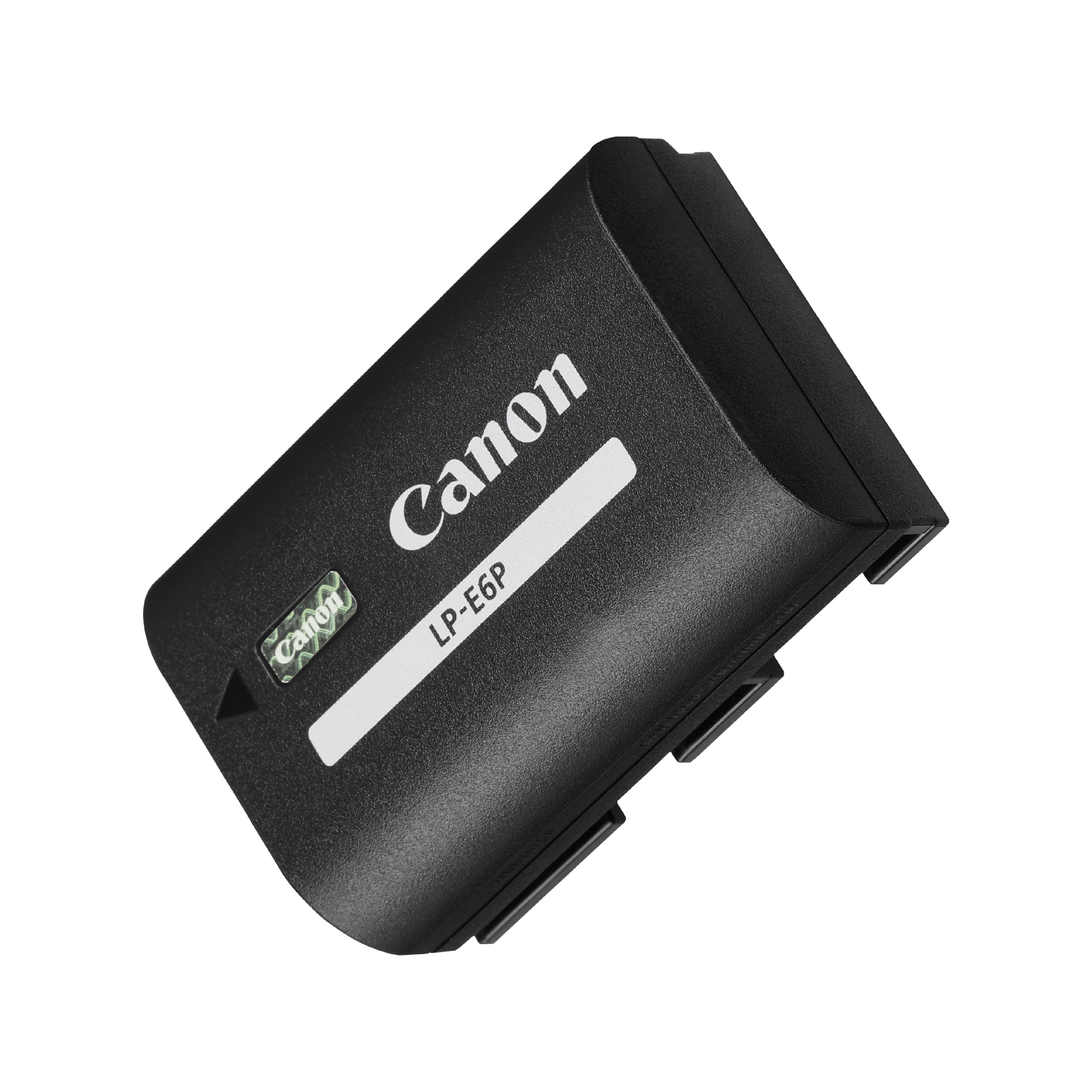 Beyaz zemin üzerinde beyaz yazılı siyah Canon LP-E6P pil.