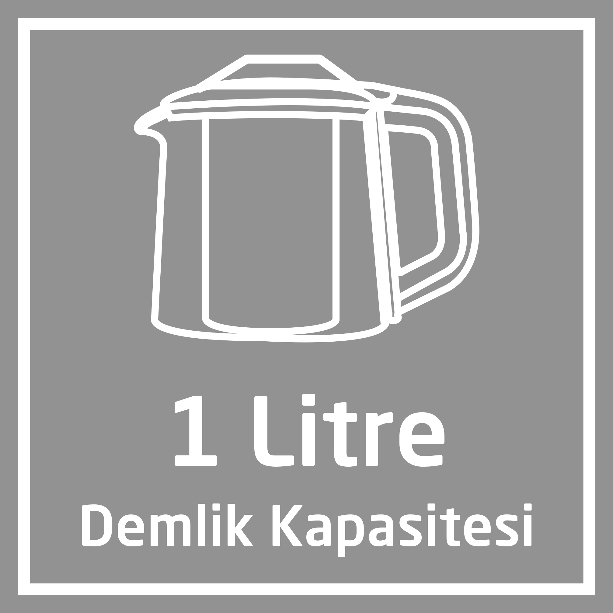 Beyaz demlik simgesi 1 Litre kapasite yazılı.