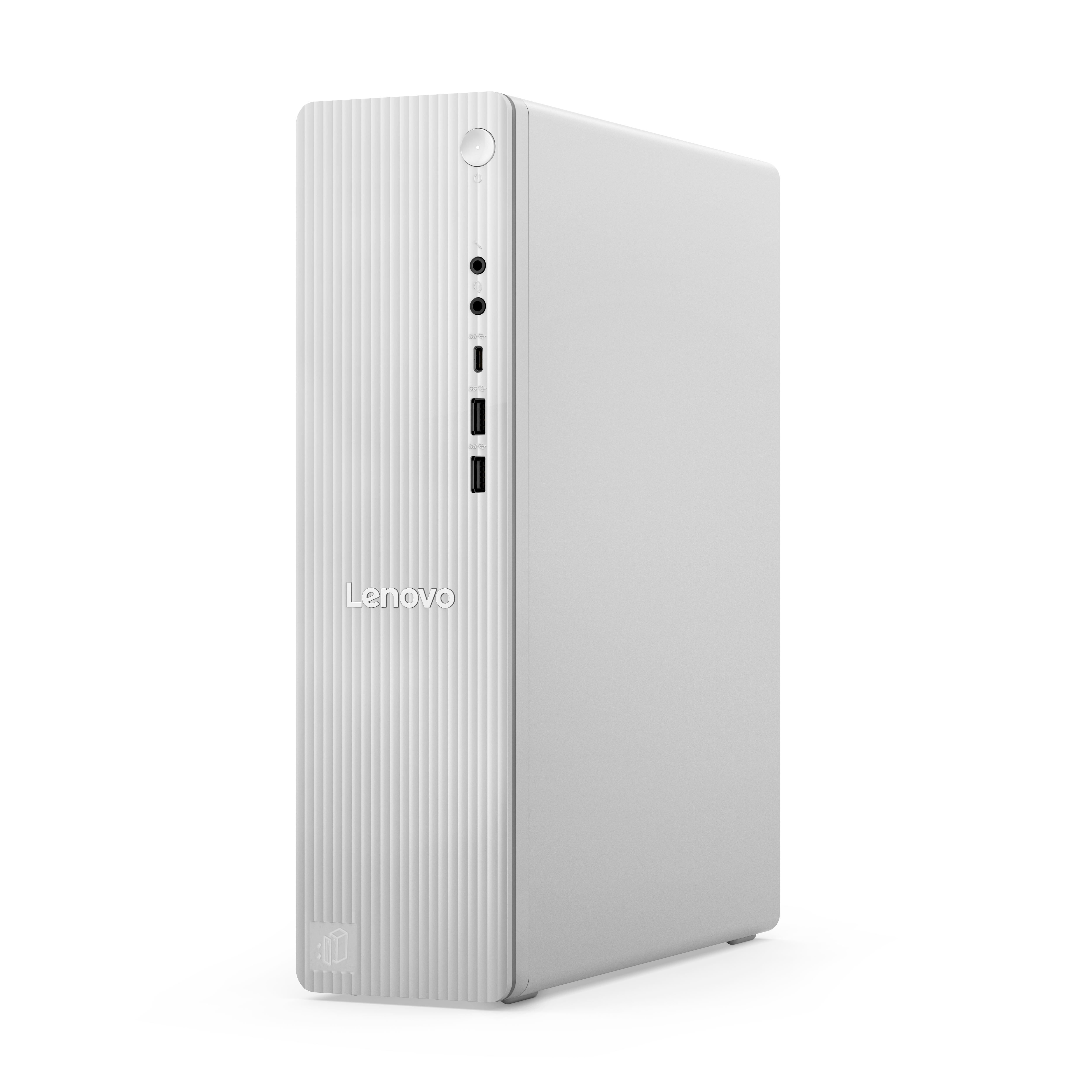 Ein schlanker, weißer Lenovo Tower-PC mit vertikalen Rillen und Anschlüssen an der Vorderseite.