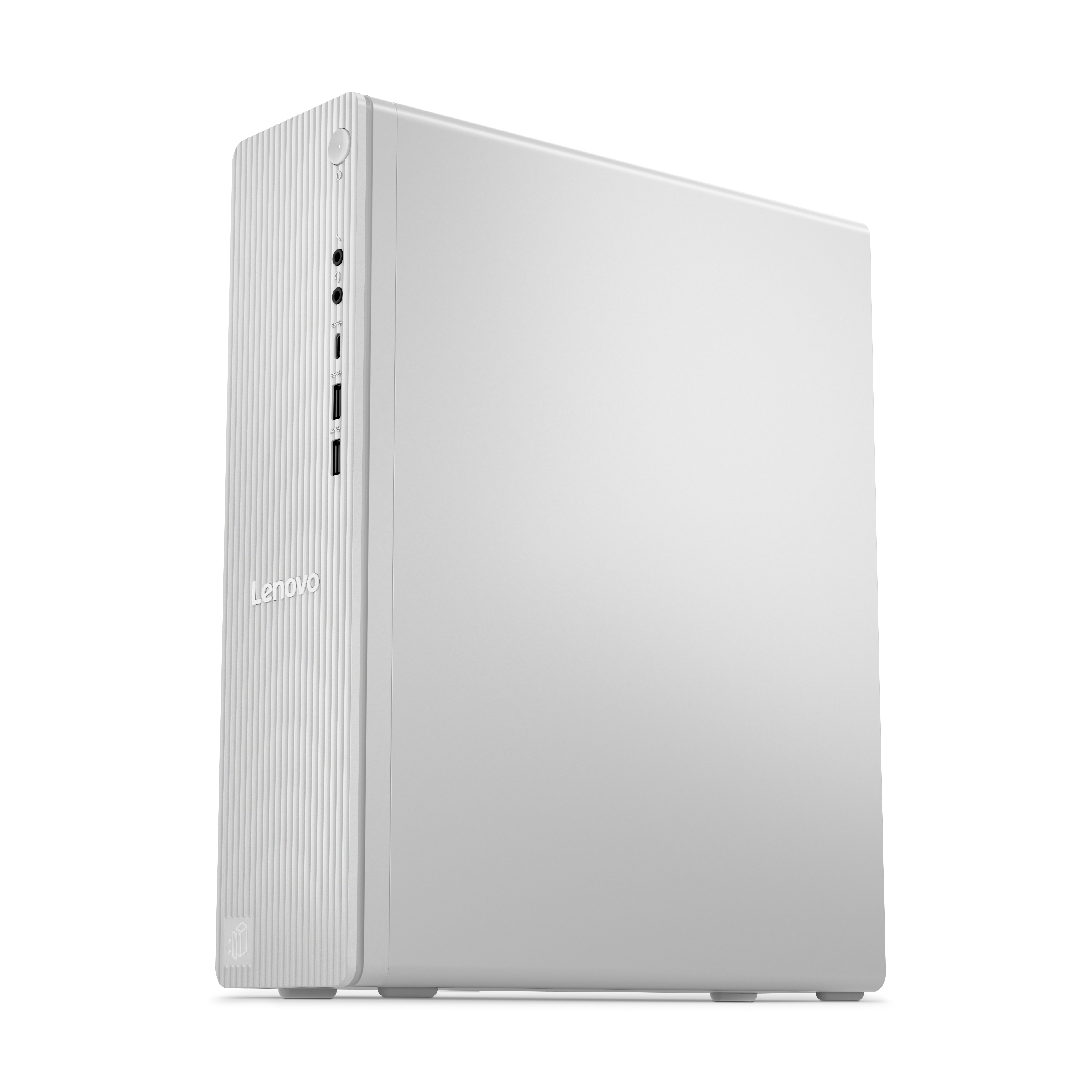 Ein schlankes, weißes Lenovo Desktop-Gehäuse mit vertikalen Rillen und Anschlüssen.