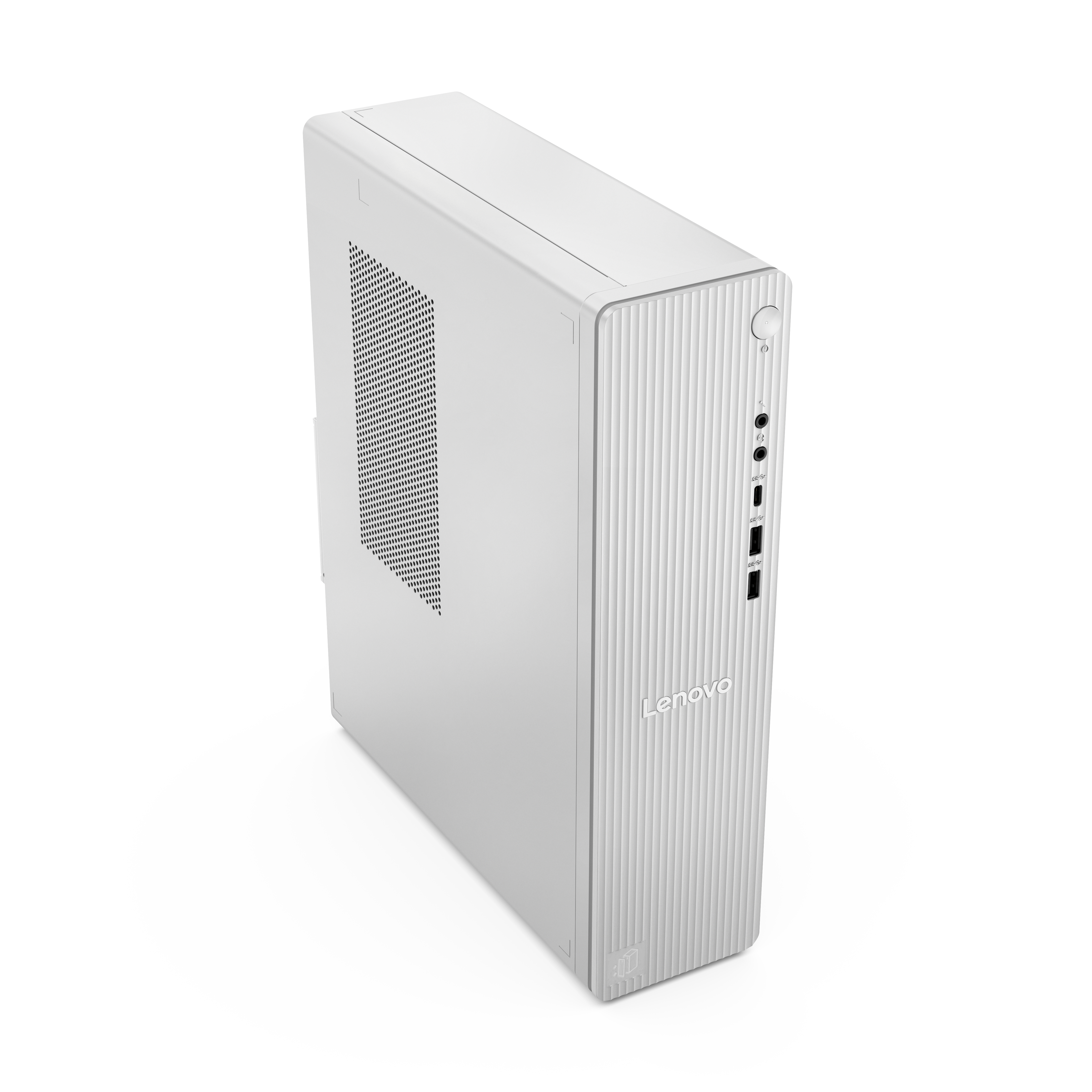 Ein weißes Lenovo Desktop-Gehäuse mit Lüftungsschlitzen und Anschlüssen.