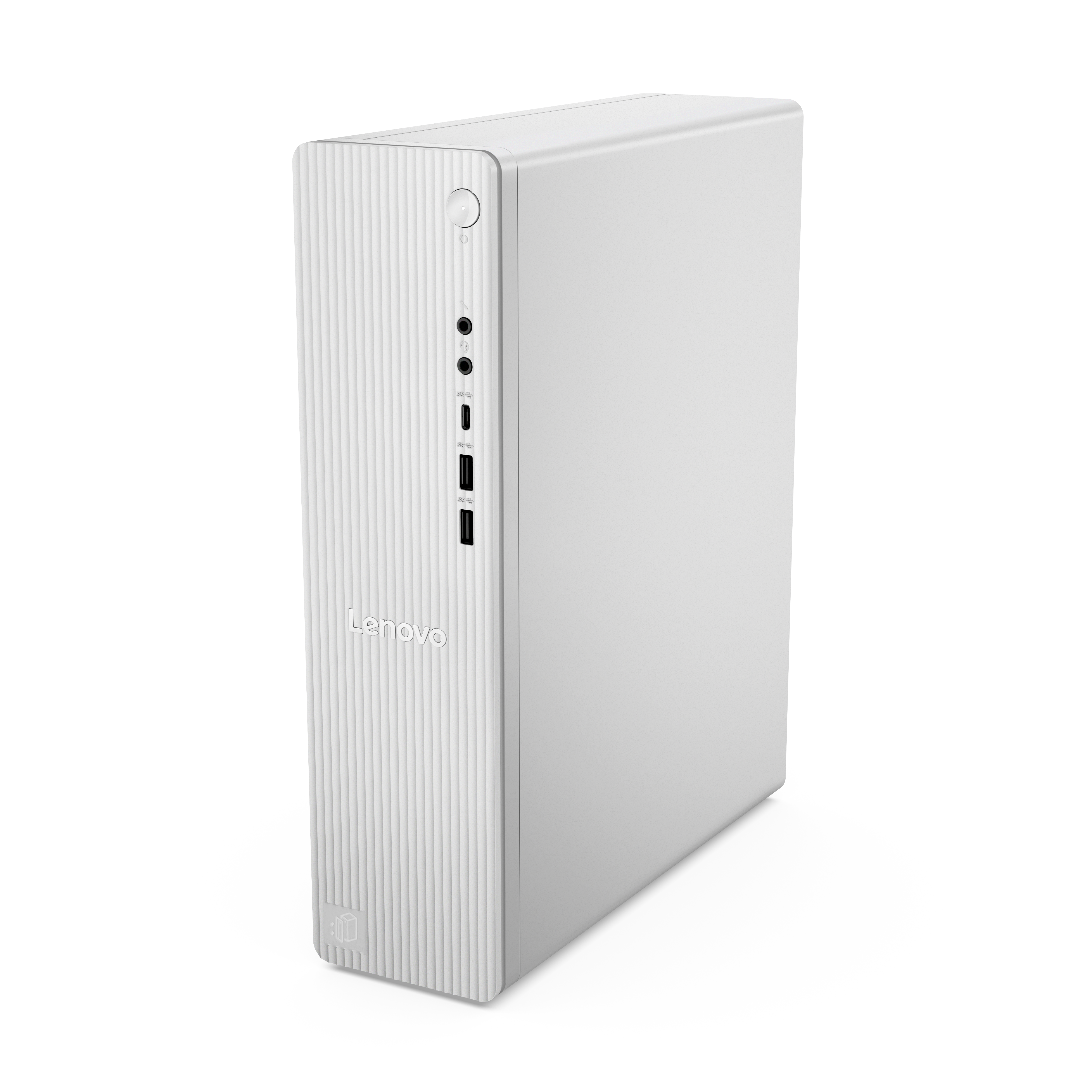 Ein schlankes, weißes Lenovo-Desktop-Gehäuse mit vertikalen Rillen und Anschlüssen.
