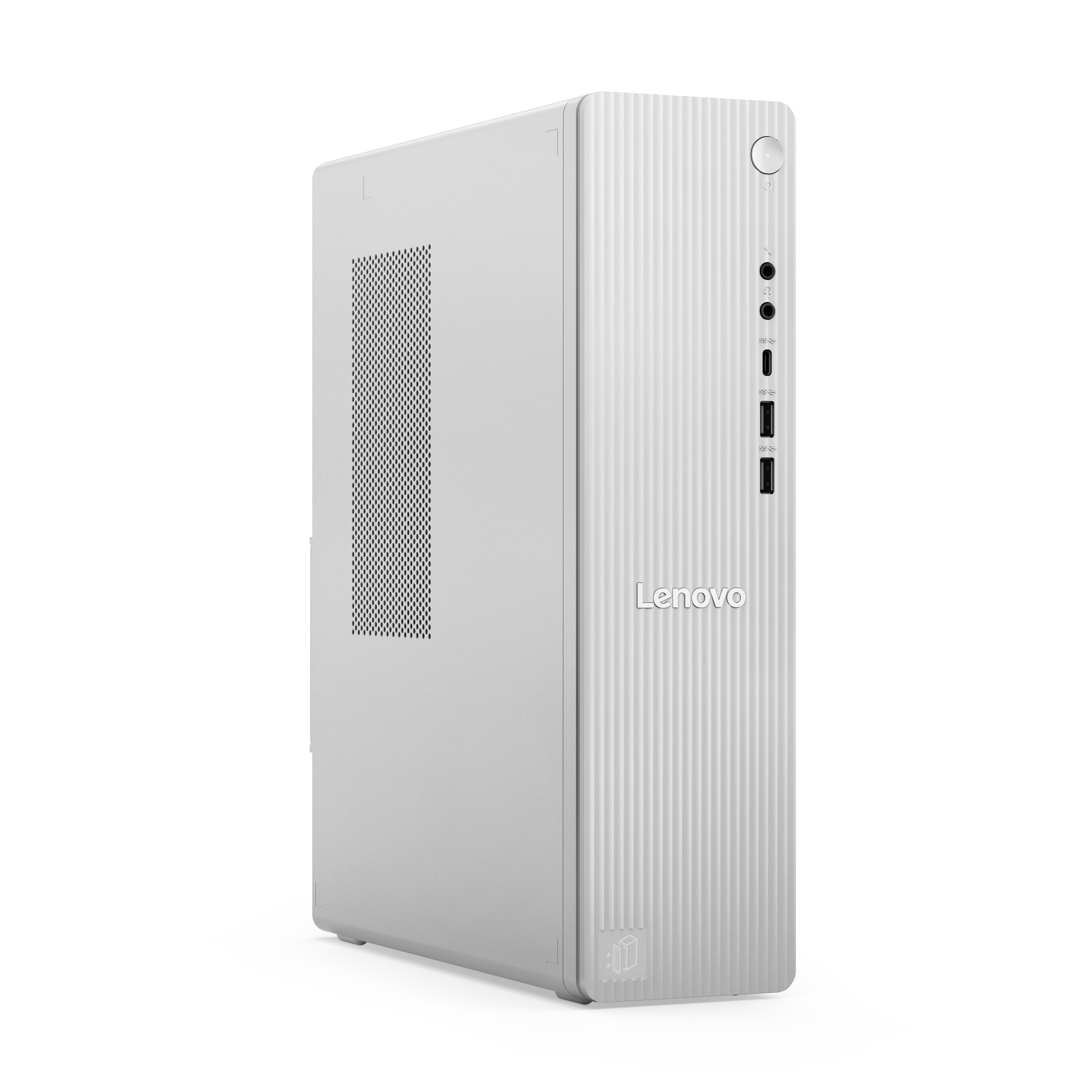Silberner Lenovo PC aufrecht, mit Lüftungsschlitz und Anschlüssen.